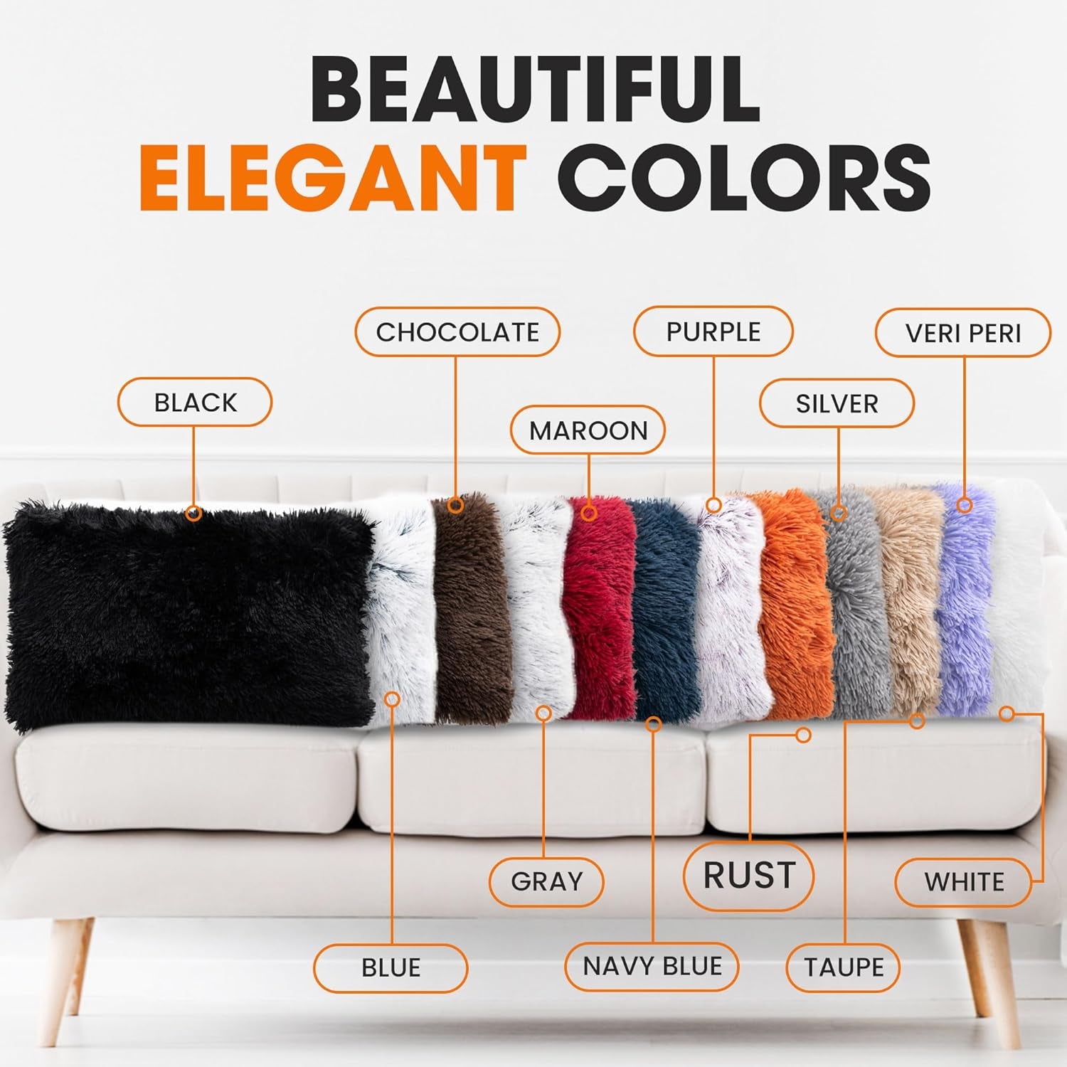 Throw Pillows for Couch and Bed, Soft Shaggy Throw Pillows with Inserts Included, Cozy Long Hair Faux Fur Pillows - Set of 2-12" X 20" - Rust Orange