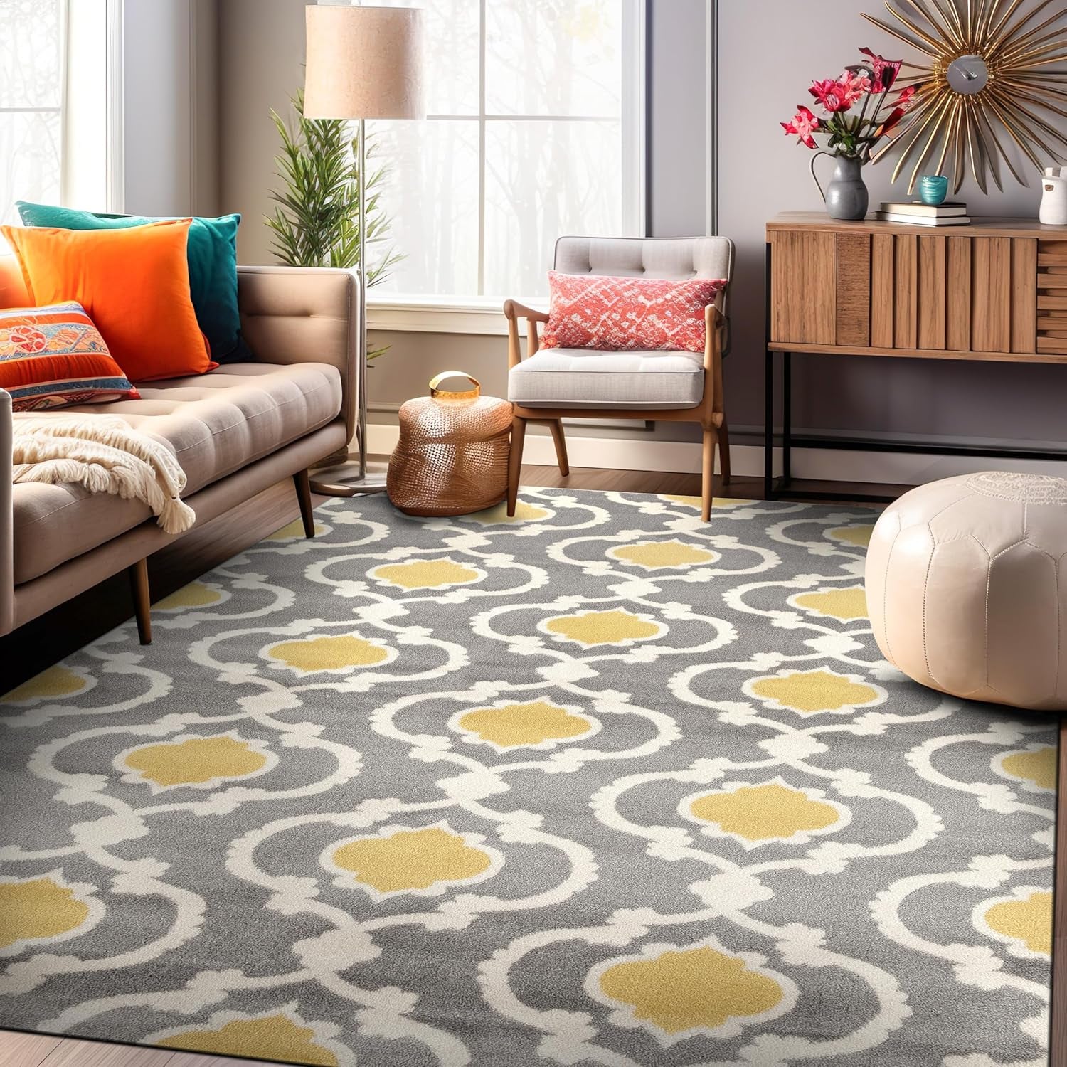 Moroccan Trellis Contemporary Perfect for High Traffic Areas of Your Living Room,Bedroom,Home Office,Kitchen Area Rug 3'3" X 5' Gray/Yellow