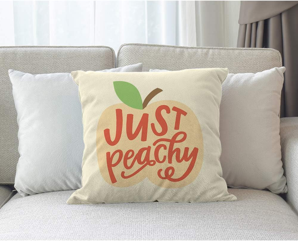 Throw Pillow Cover Peach 18X18 Inch Just Peachy Quote Word Hand Lettering Leaf Fruit Square Pillow Case Cushion Cover for Home Car Decorative Cotton Linen