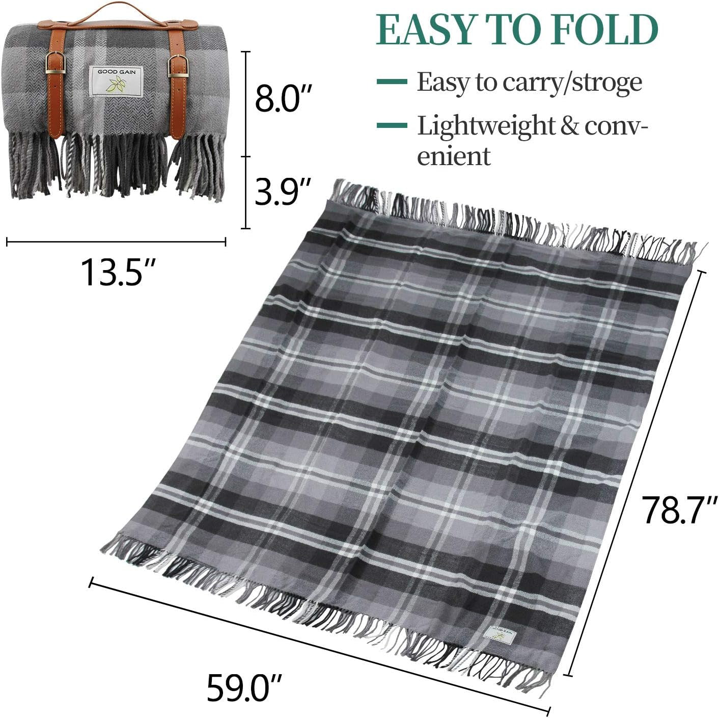 Waterproof Picnic Blanket, 60X80Inch Extra Large Foldable Rug with Luxury PU Leather Carrier, Portable Sandproof Picnic Mat for Hiking Camping.Grey Check