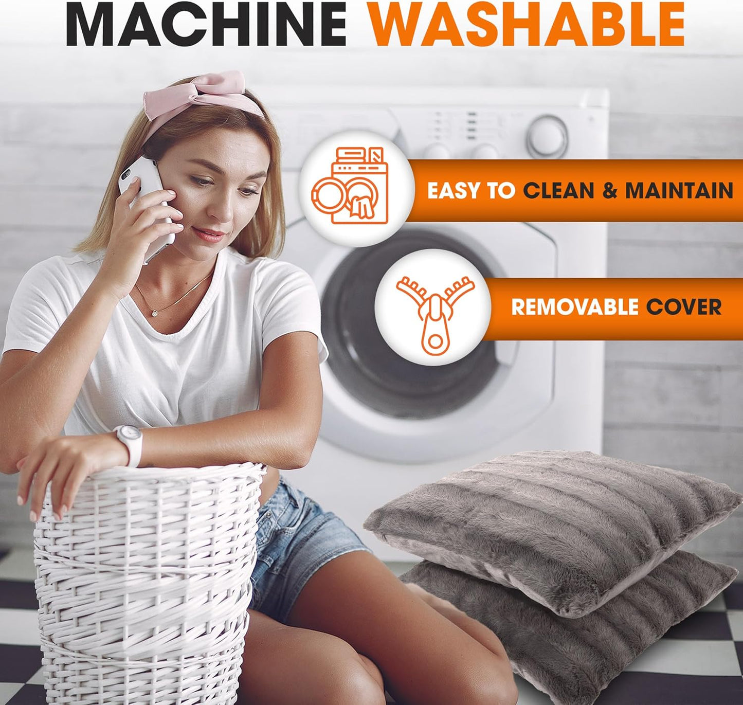 Faux Fur Throw Pillows - Decorative Pillows for Couch, Bed Throw Pillows, Grey Accent Pillows for Bedroom or Living Room Aesthetic, Set of 2 Furry Throw Pillows, 18”X18”