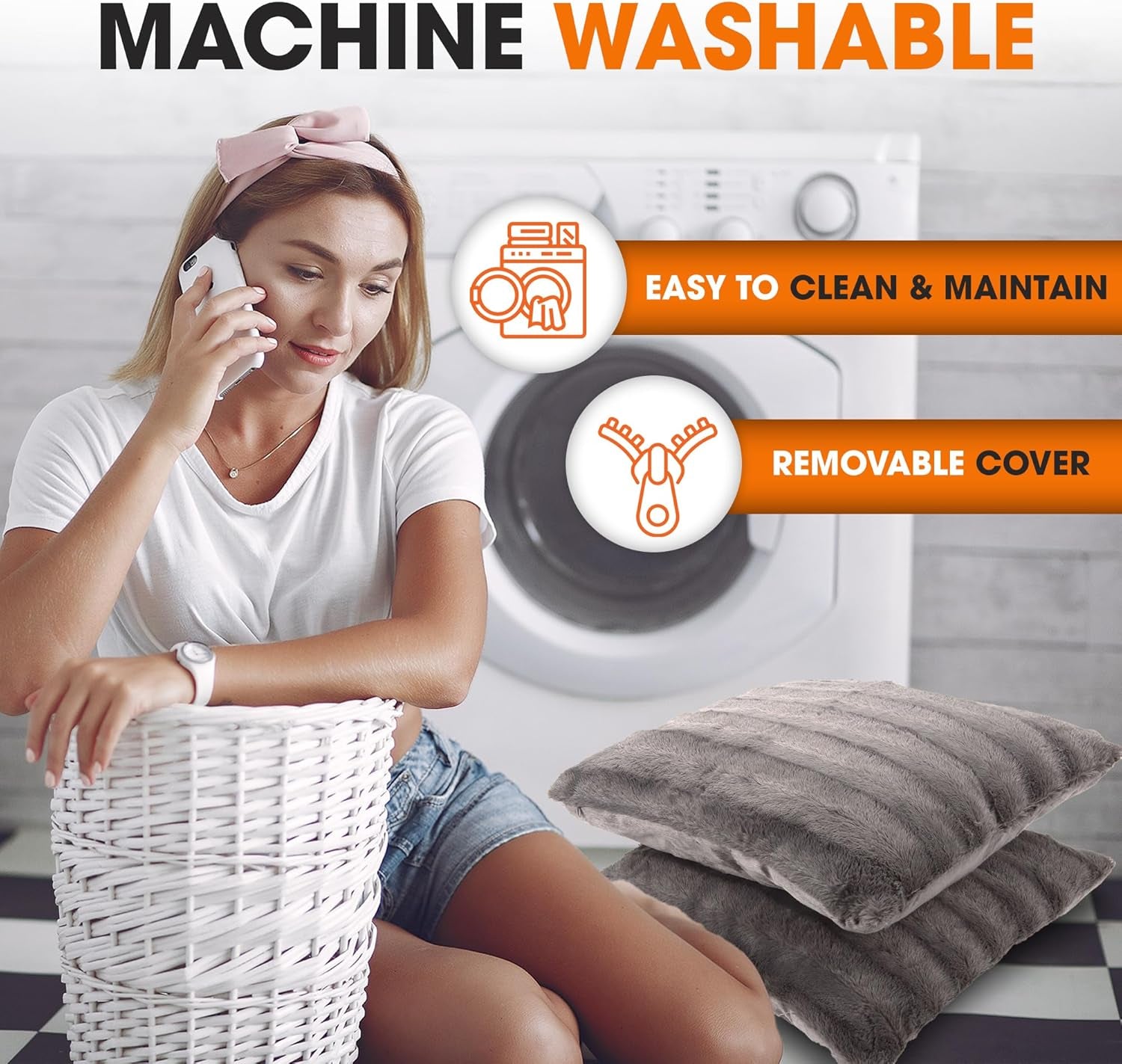 Faux Fur Throw Pillows - Decorative Pillows for Couch, Bed Throw Pillows, Grey Accent Pillows for Bedroom or Living Room Aesthetic, Set of 2 Furry Throw Pillows, 18”X18”