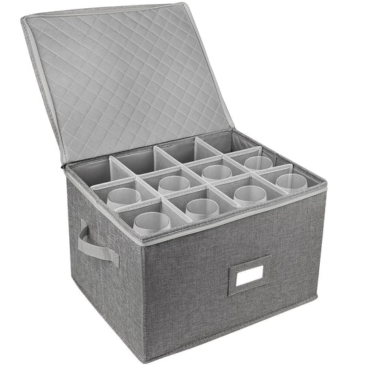 Stemware Storage Container, Quilted Linen Stackable Wine Glass Storage Box,Hard Shell,Grey