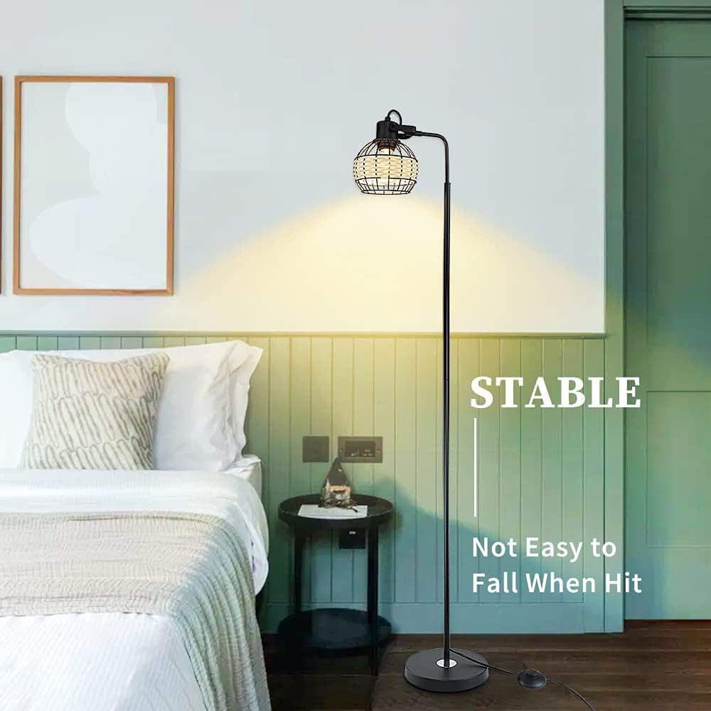 DLLT LED Floor Lamp, Adjustable Head Standing Lamp with Heavy Metal Based, Farmhouse Tall Rattan Floor Lamps Reading Lighting for Living Room, Bedroom, Study Room, Office, 8W 3000K E26 Bulb Included