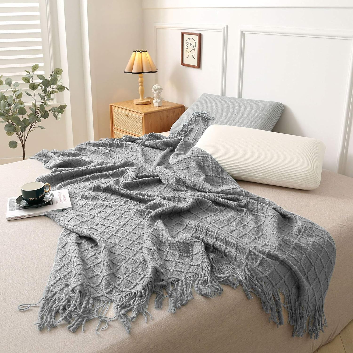 Grey Throw Blankets, Knit Throw Blanket, Boho Throw Blanket for Couch,Bed, Farmhouse Throw Blanket, Lightweight Woven Throw Blanket, Decorative Throw Blanket (50"X60")