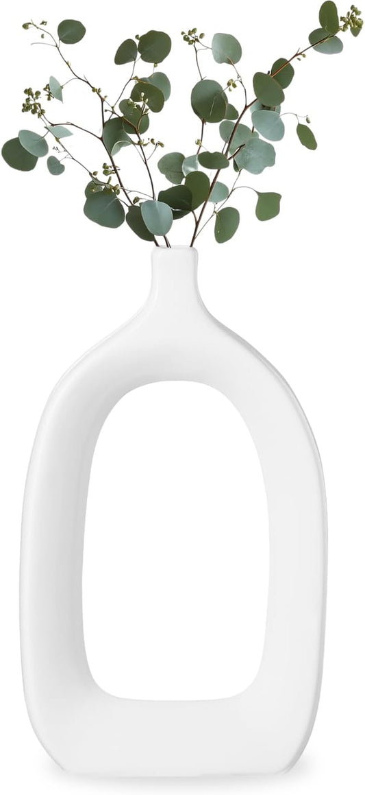 15" Tall Ceramic White Hollow Vase - Abstract White Vase for Modern Home Decor, Handmade Gloss Finish Sculpture Design, Modern Table Decor for Entryway Table, Mantel or Shelf (Open)