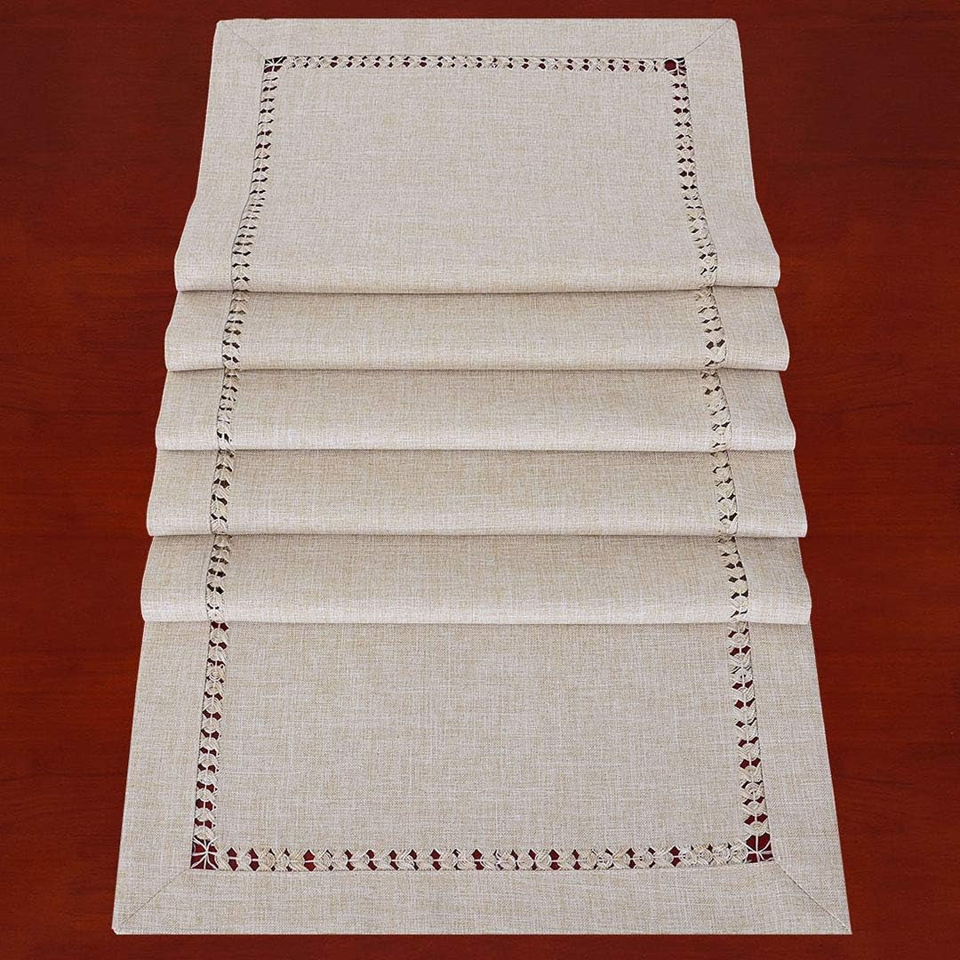 Handmade Hemstitched Polyester Rectangle Table Runners,Beige 14X72 Inch