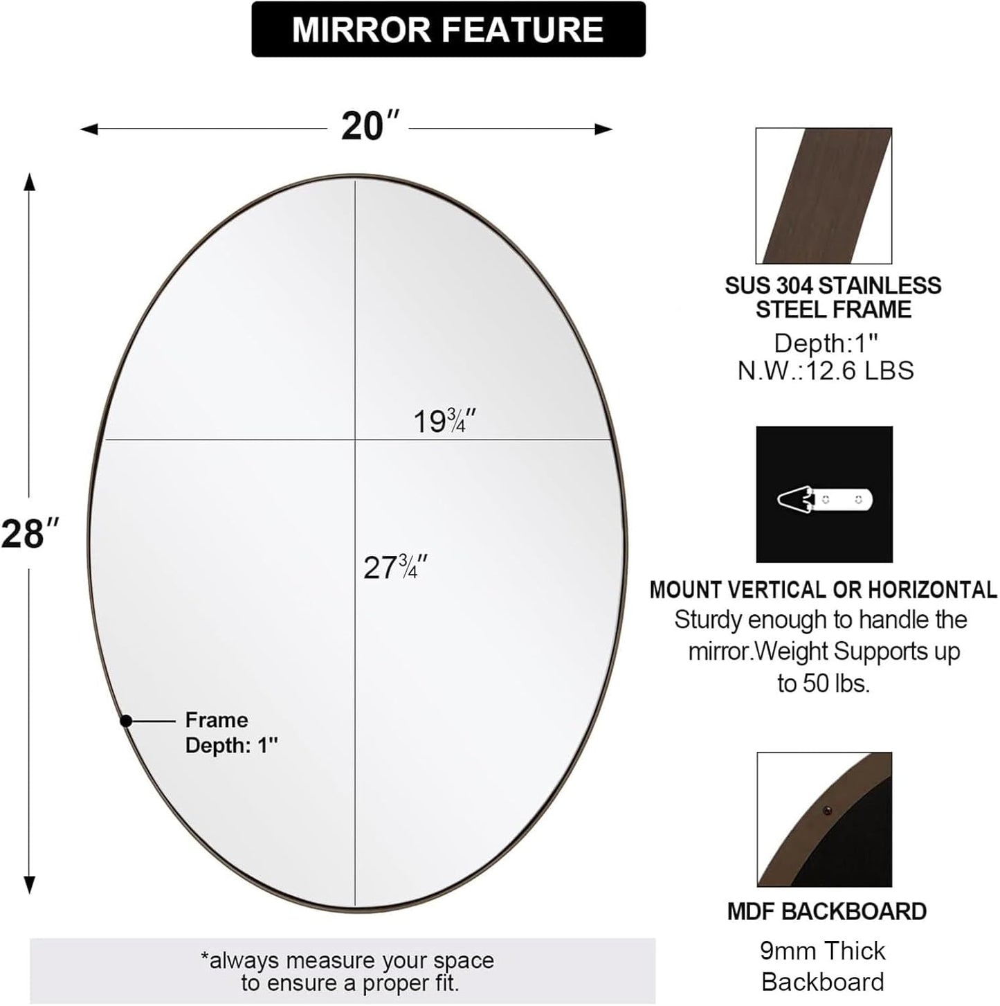 Brushed Bronze Oval Mirrors for Bathroom, 20X28 Inch Bronze Stainless Steel Metal Framed Oval Wall Mirror, Modern Vanity Mirror Wall Mount Horizontal or Vertical