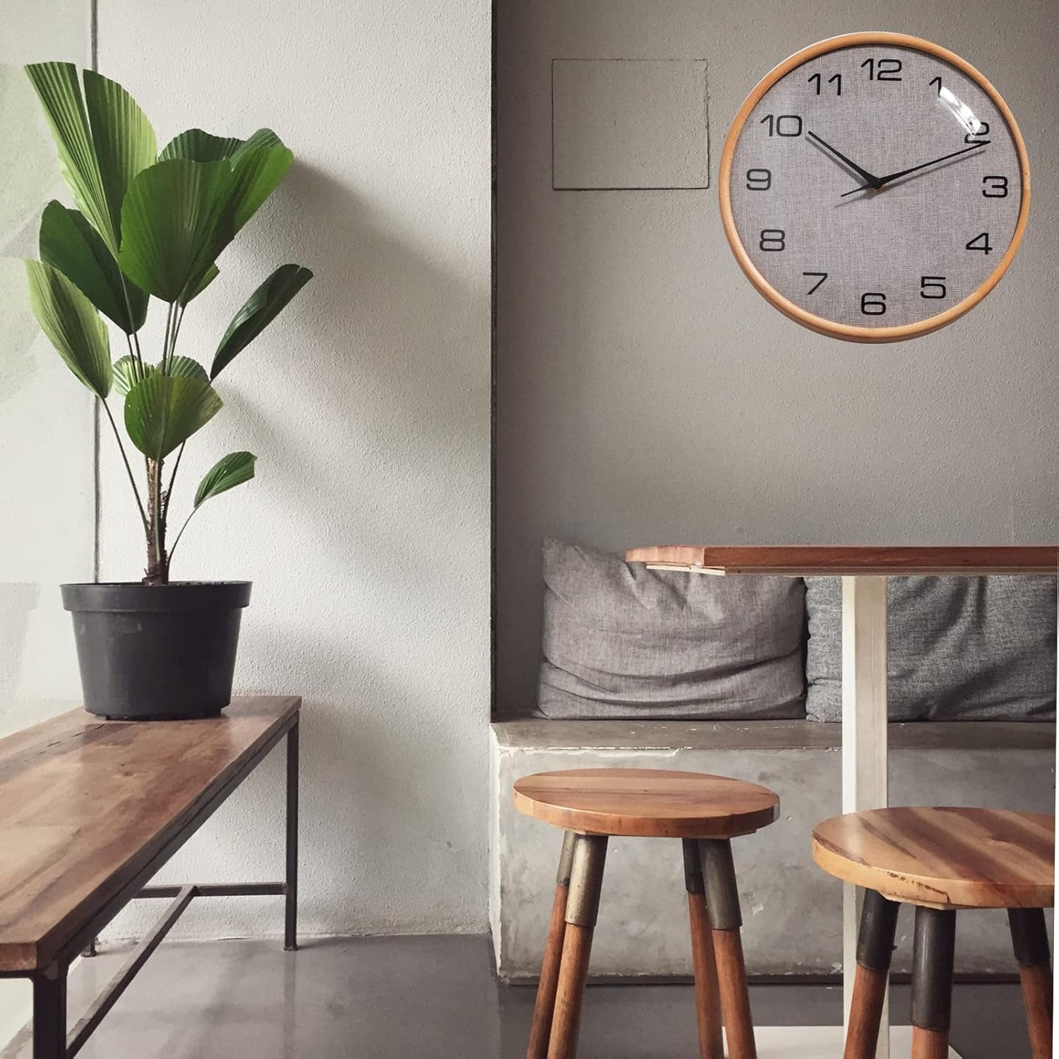 12-Inch Wall Clock, Wooden Frame Wall Clock, Fine Wooden Frame and Linen Wall Clock, Battery-Powered, Silent Wall Clock, Home/Office/School Clock(Gray