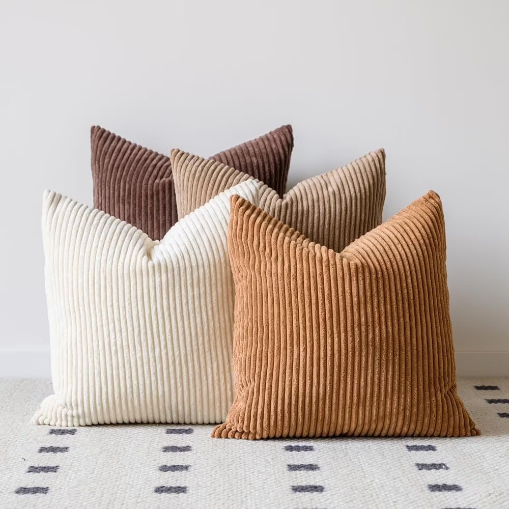 18X18 Inch Boho Decorative Neutral Brown Corduroy Accent Home Pillows, 4 Count(Pillowcase Only)