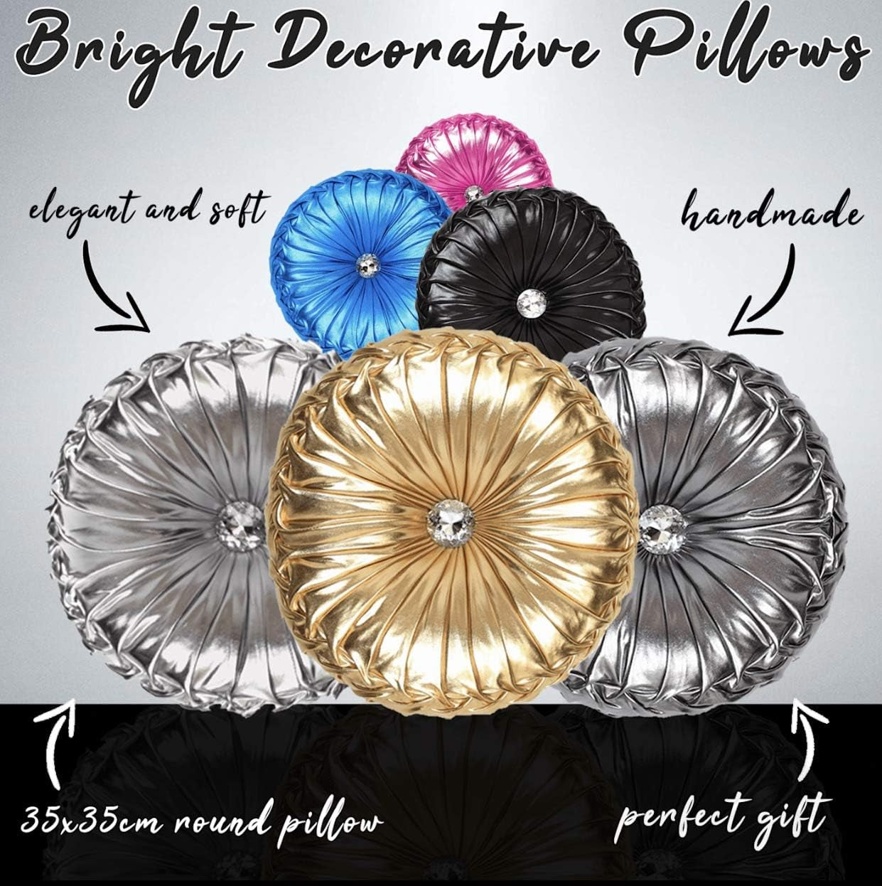 Tresshouse European round Throw Pillows, Soft Spandex Fabric Pumpkin Pleated Handmade Metallic Accent Circle Insert Cushion Diamond to Enhance for Sofa Bedroom Livingroom Couch Cover Chair Gold