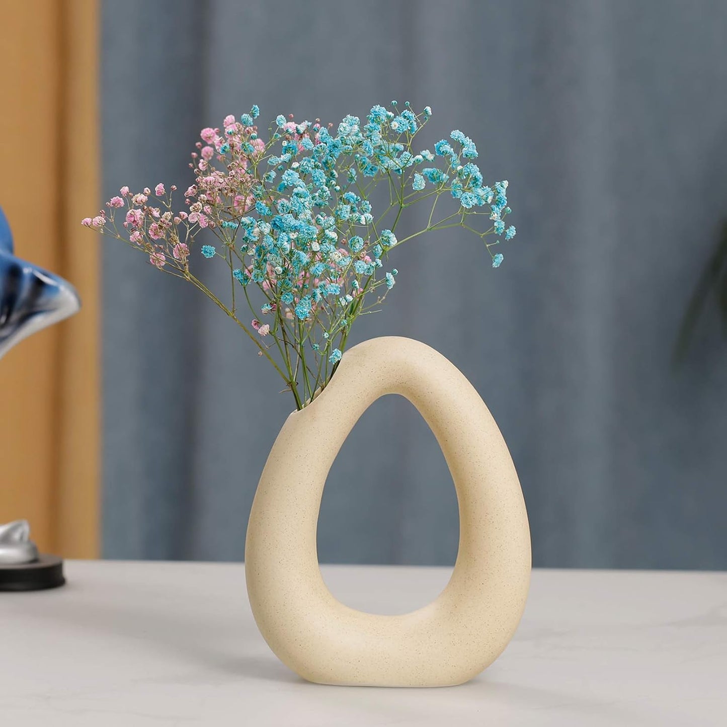 Ceramic Vase Furnishing Articles, Geometric Ceramic Vase for Home Decor Modern Flower Vase Desktop Shelf Furnishing Decoration Tabletop Decorative Hollow Vase, Yellow