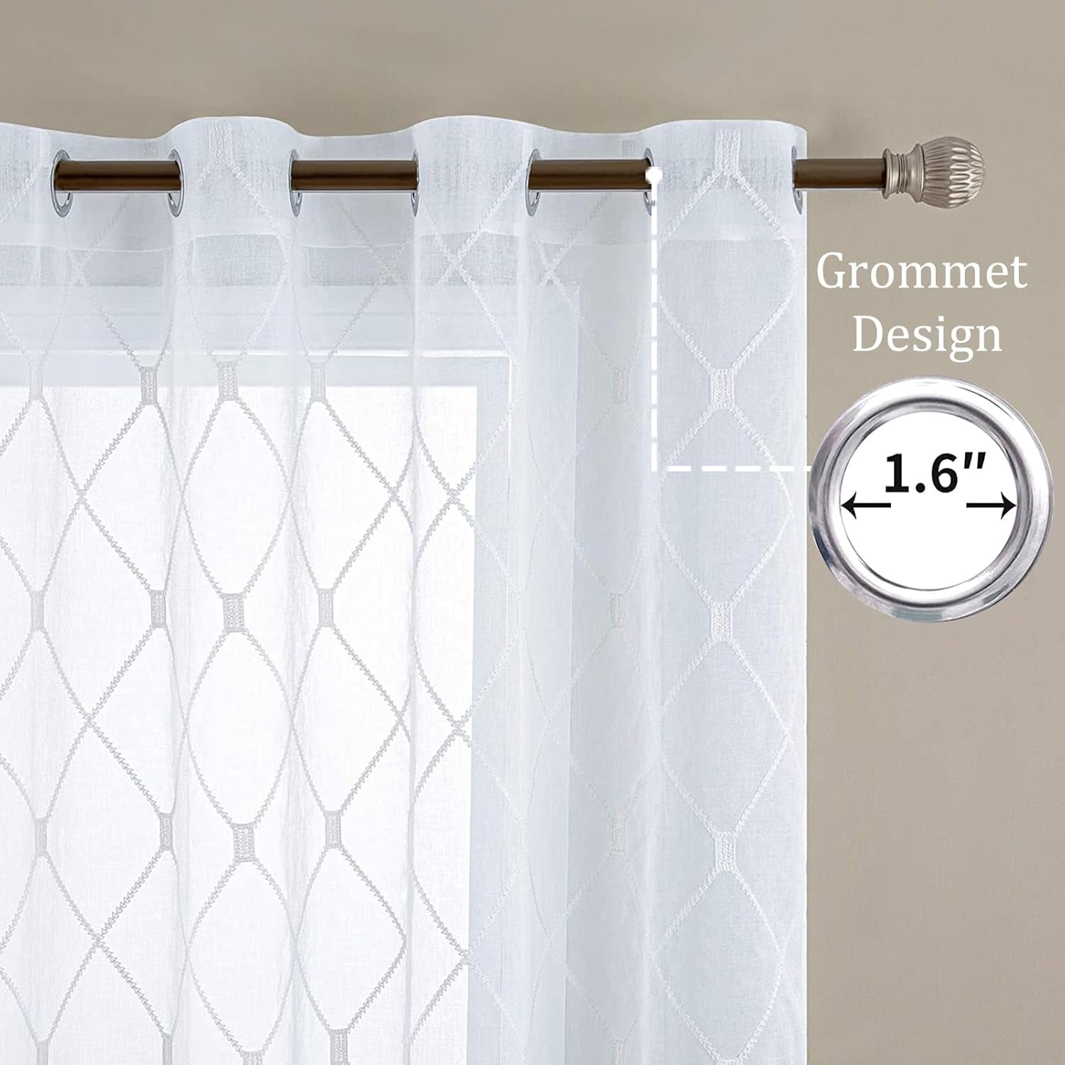 l White Sheer Curtains 63 Inch Length Embroidered Diamond Grommet Window Curtains for Living Room Bedroom, 2 Panels