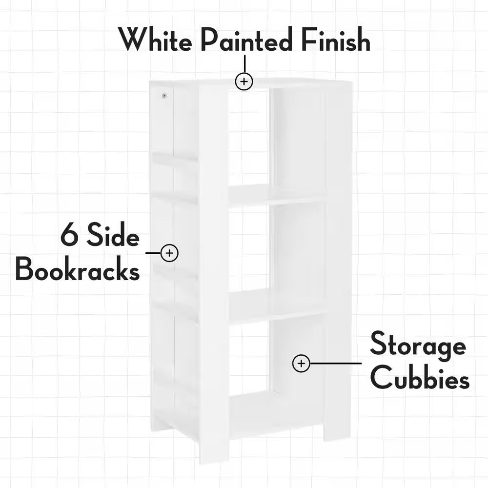 17.38 In. Wide Painted Finish Kids Bookshelf and Toy Organizer Tower 3-Cubbies and 6-Bookracks with 2-Piece Gray Bins