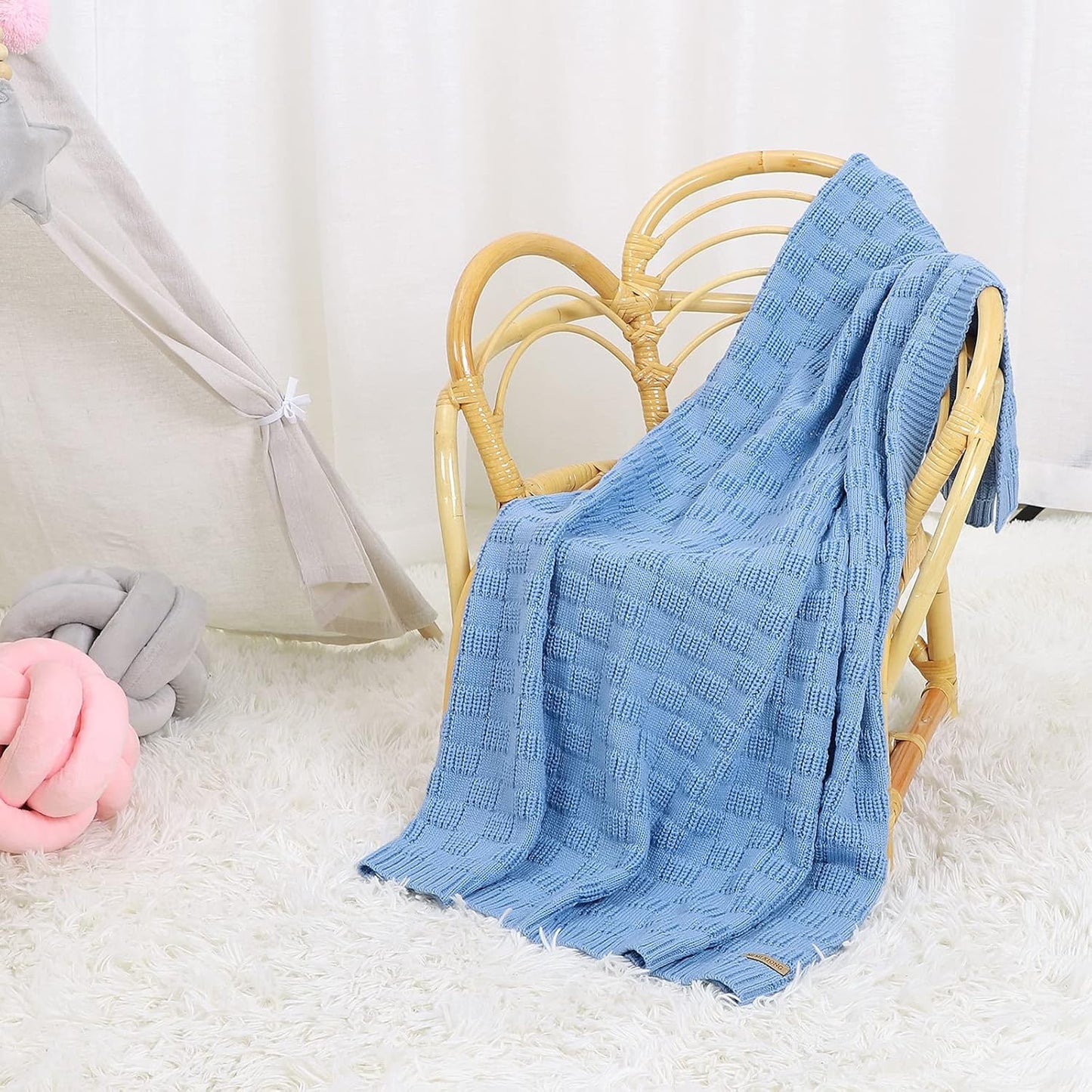 Baby Crochet Blanket Blue Knit Baby Blanket Waffle Weave Cellular Newborn Swaddle Receiving Cable Knit Blanket for Boys and Girls Gender Neutral Blankets 40X30 Inches