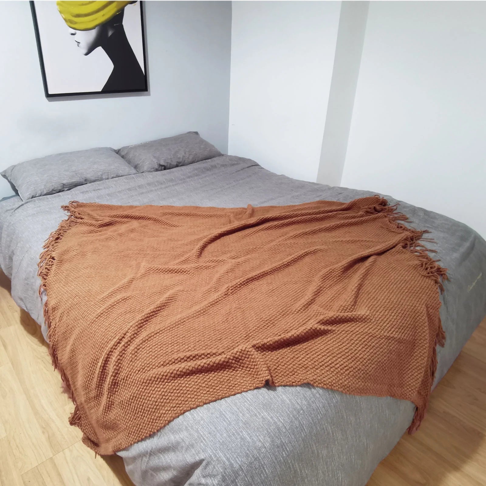 Knitted Throw Blanket with Tassels Bubble Textured Lightweight Throws for Bed,Chair,Sofa,Living Room,Home Decor (Caramel/Rust,50*60 In)