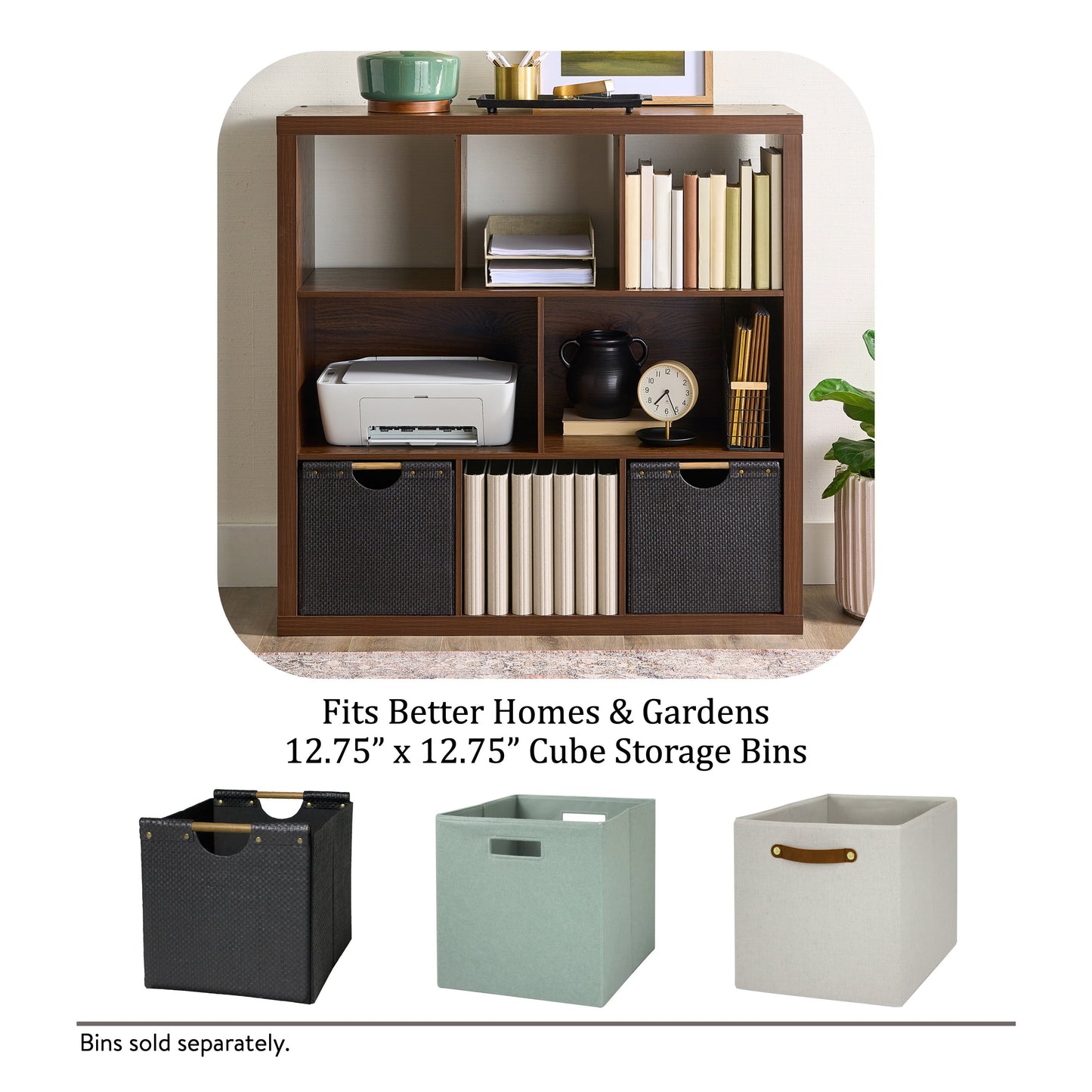 6 Cube Organizer with Storage Cubbies, Walnut Finish