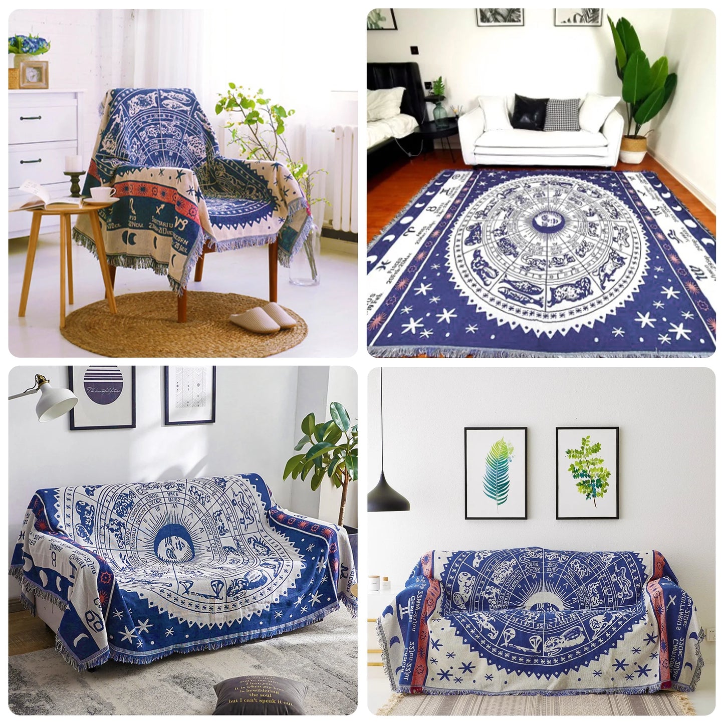 Boho Woven Throw Blanket Reversible Cotton Bohemian Tapestry Hippie Room Decor Witchy Astrology Zodiac Celestial Constellation Carpet Bed Chair Couch