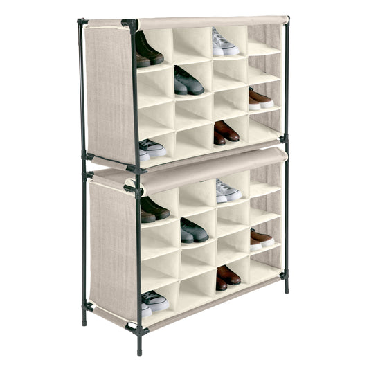 2 Pack 16 Compartment 32 Pair Shoe Fabric Cubby in Beige