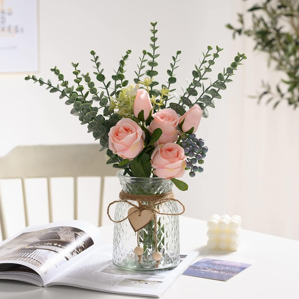 Fake Flowers with Vase, Artificial Flowers Pink Roses in Vase, Flower Arrangement with Vase Suitable for Home Office Decoration, Dining Table Centerpiece (Pink)