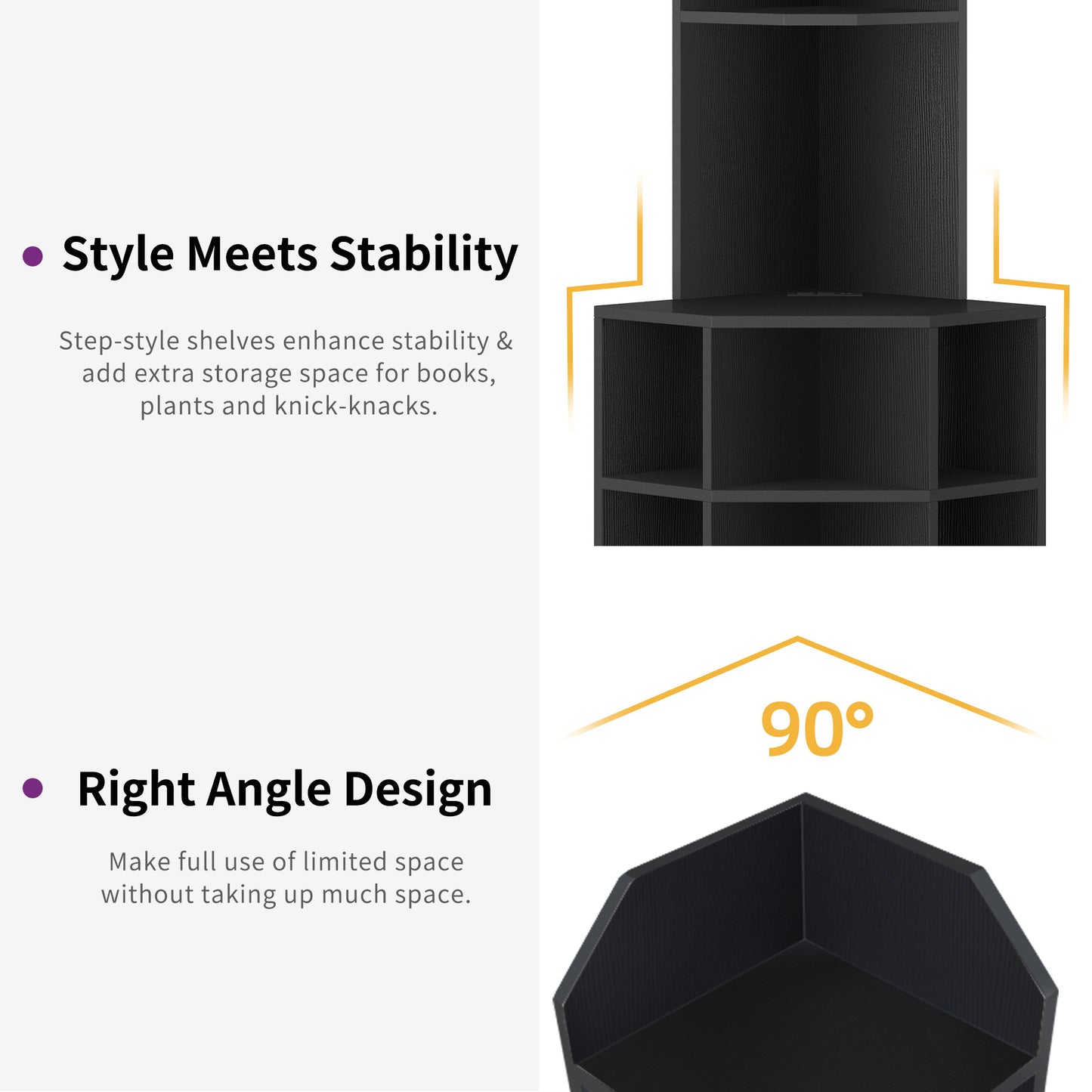 5-Tier Corner Shelf with 9 Cube, Wooden Display Bookcases Bookshelf with USB Ports, Black