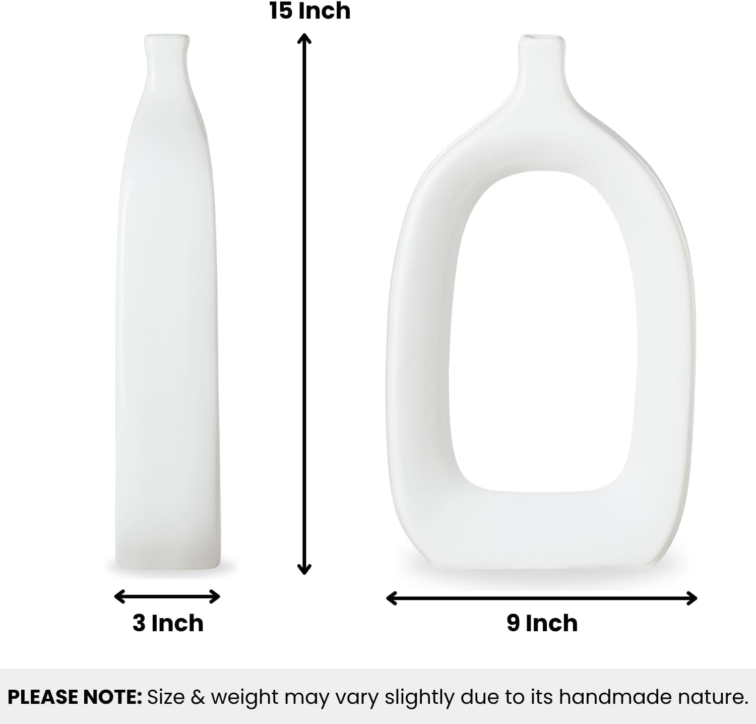 15" Tall Ceramic White Hollow Vase - Abstract White Vase for Modern Home Decor, Handmade Gloss Finish Sculpture Design, Modern Table Decor for Entryway Table, Mantel or Shelf (Open)