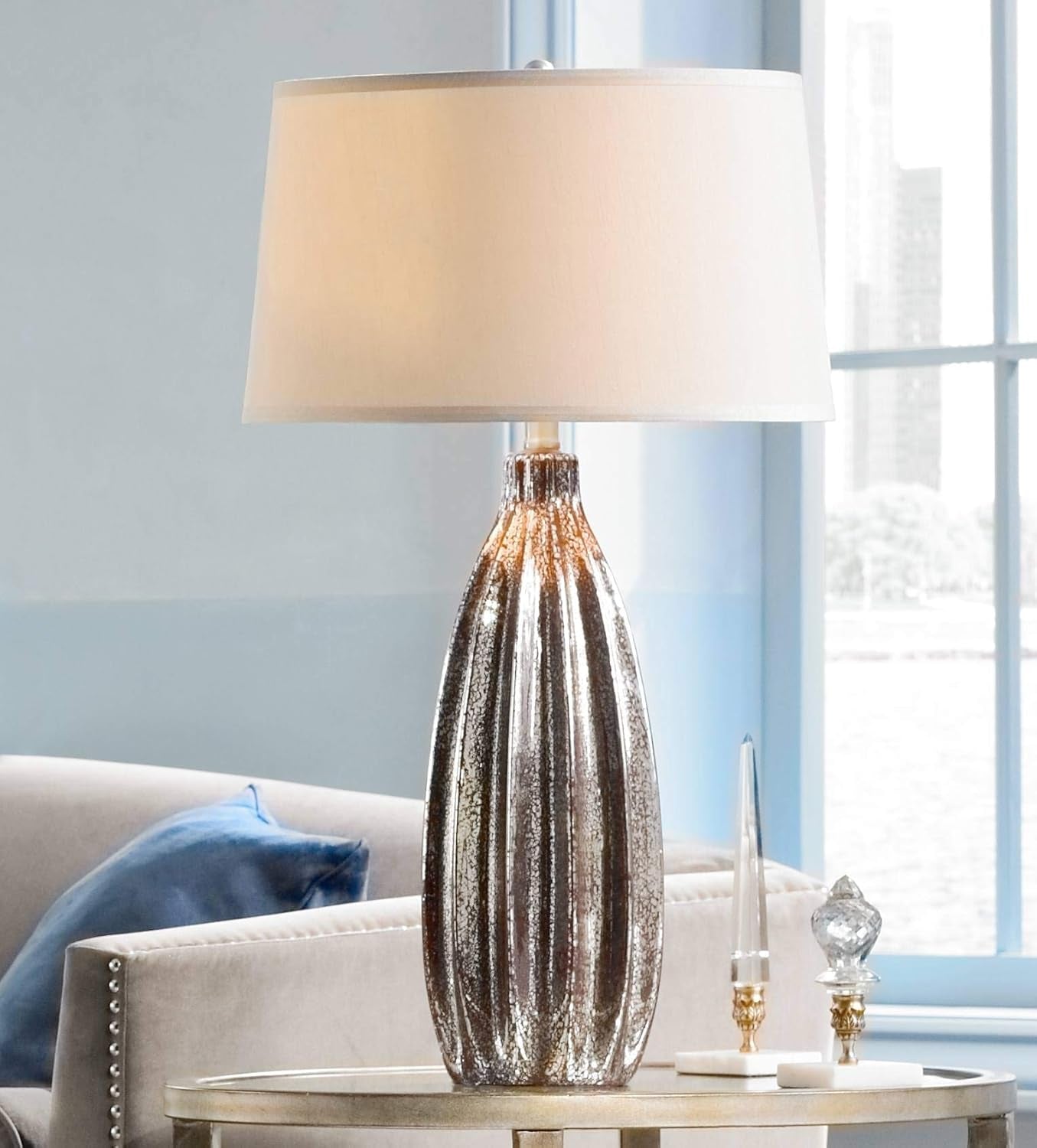 Stella Modern Table Lamp 30" Tall Fluted Mercury Ribbed Glass Taupe Tapered Drum Shade Decor for Bedroom Living Room House Home Bedside Nightstand Office Entryway Kids Family