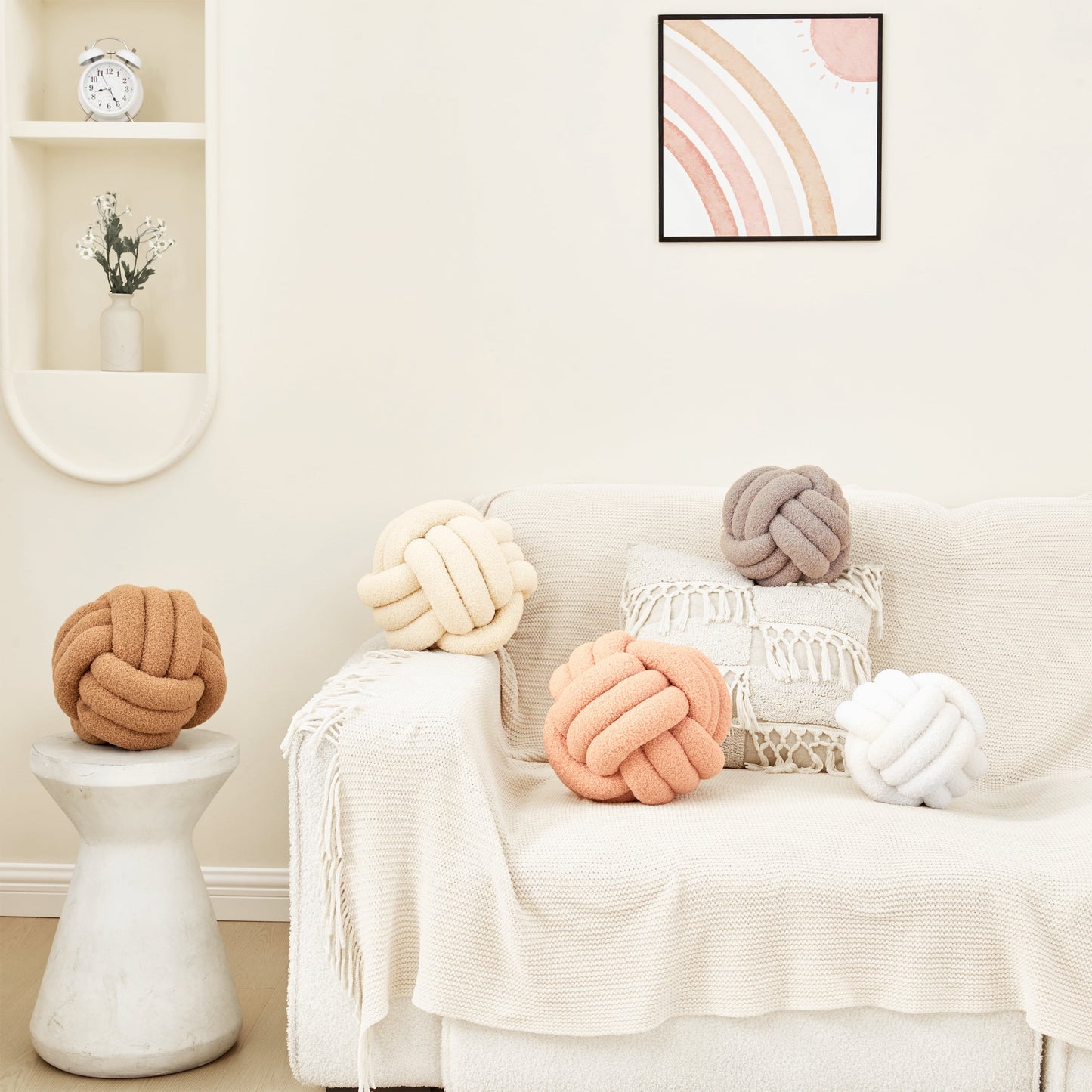 Knot Pillow Ball round Throw Pillows Home Decor Cushion Decorative Throw Pillows Lambswool Beige 8 Inch