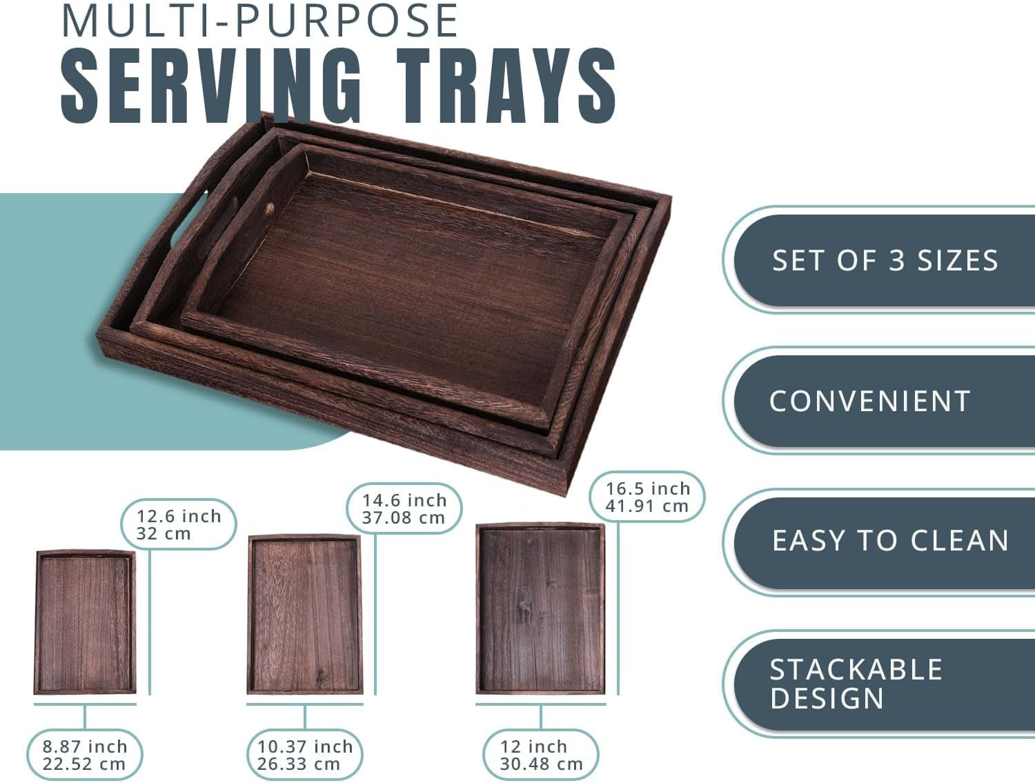 Serving Trays Set of 3 - Ottoman Wood Trays for Entertainment, Food and Decor - Rustic Farmhouse Distressed Wood Finish - Brown