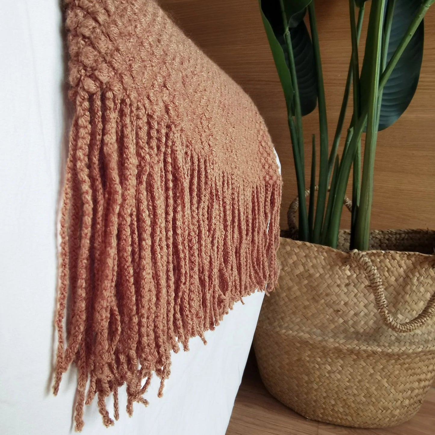Knitted Throw Blanket with Tassels Bubble Textured Lightweight Throws for Bed,Chair,Sofa,Living Room,Home Decor (Caramel/Rust,50*60 In)