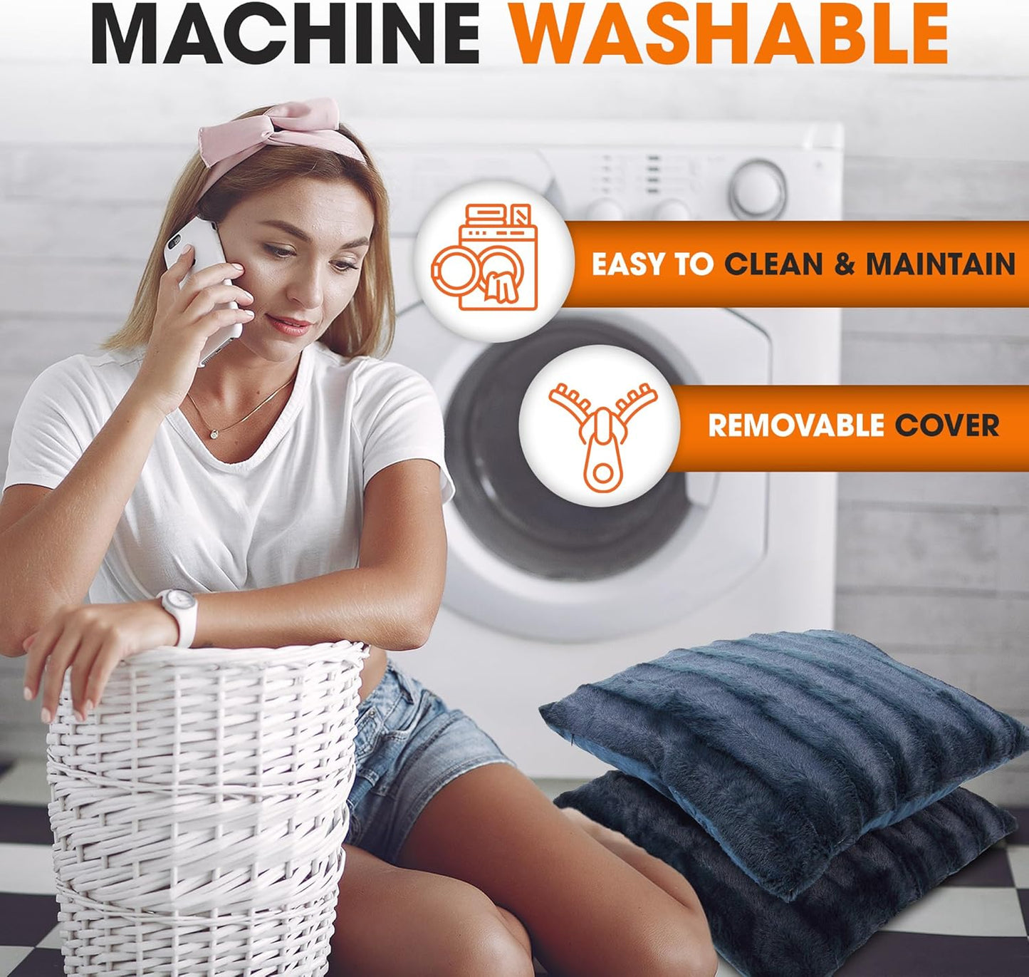 Faux Fur Throw Pillows - Decorative Pillows for Couch, Bed Throw Pillows, Blue Accent Pillows for Bedroom or Living Room Aesthetic, Set of 2 Furry Throw Pillows, 20" X 20"