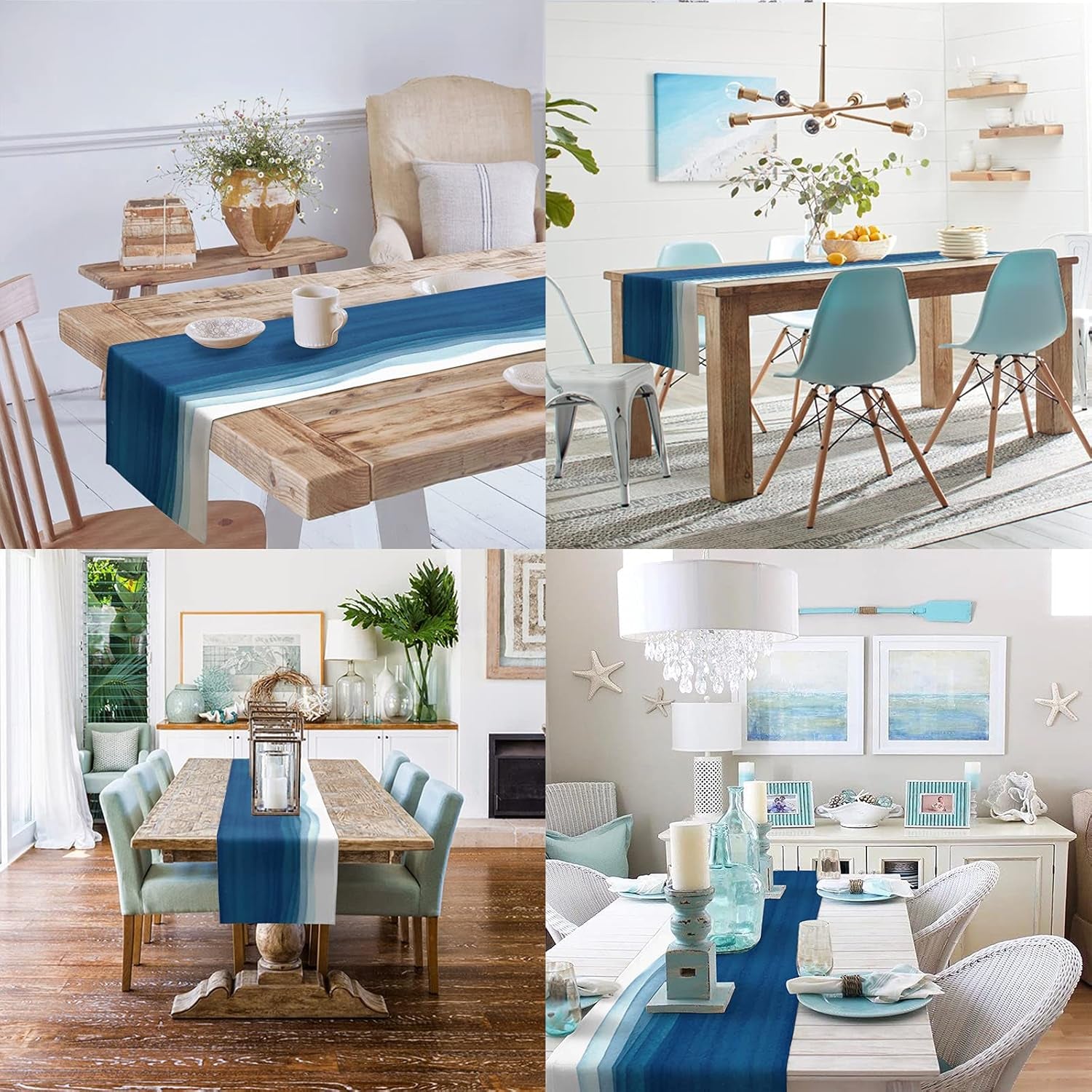 Blue White Table Runner, Non-Slip Dining Table Runners for Kitchen, Ombre Ocean Wave Coffee Table Runners Dresser Scarf for Living Room Garden Wedding Parties (13X90 Inches Long)