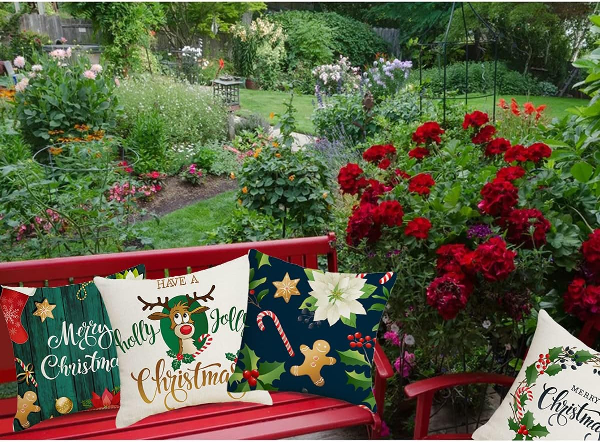 Set of 4 Christmas Pillow Covers 18X18 Throw Pillow Covers Decorative Cushion Covers Sofa Pillows Case Christmas Decorations Home Decor (Xmas-Green02, Linen)