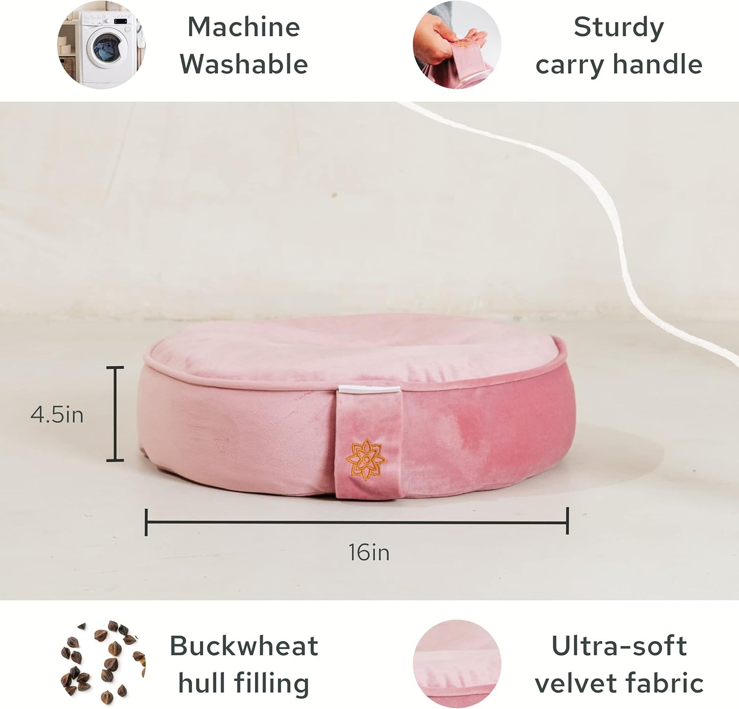 Velvet Meditation Cushion | Luxe Zafu Yoga Floor Pillow Seat | Posture Support | Buckwheat Hull Filled | Large round Cushion with Removable Washable Cover + Carry Handle