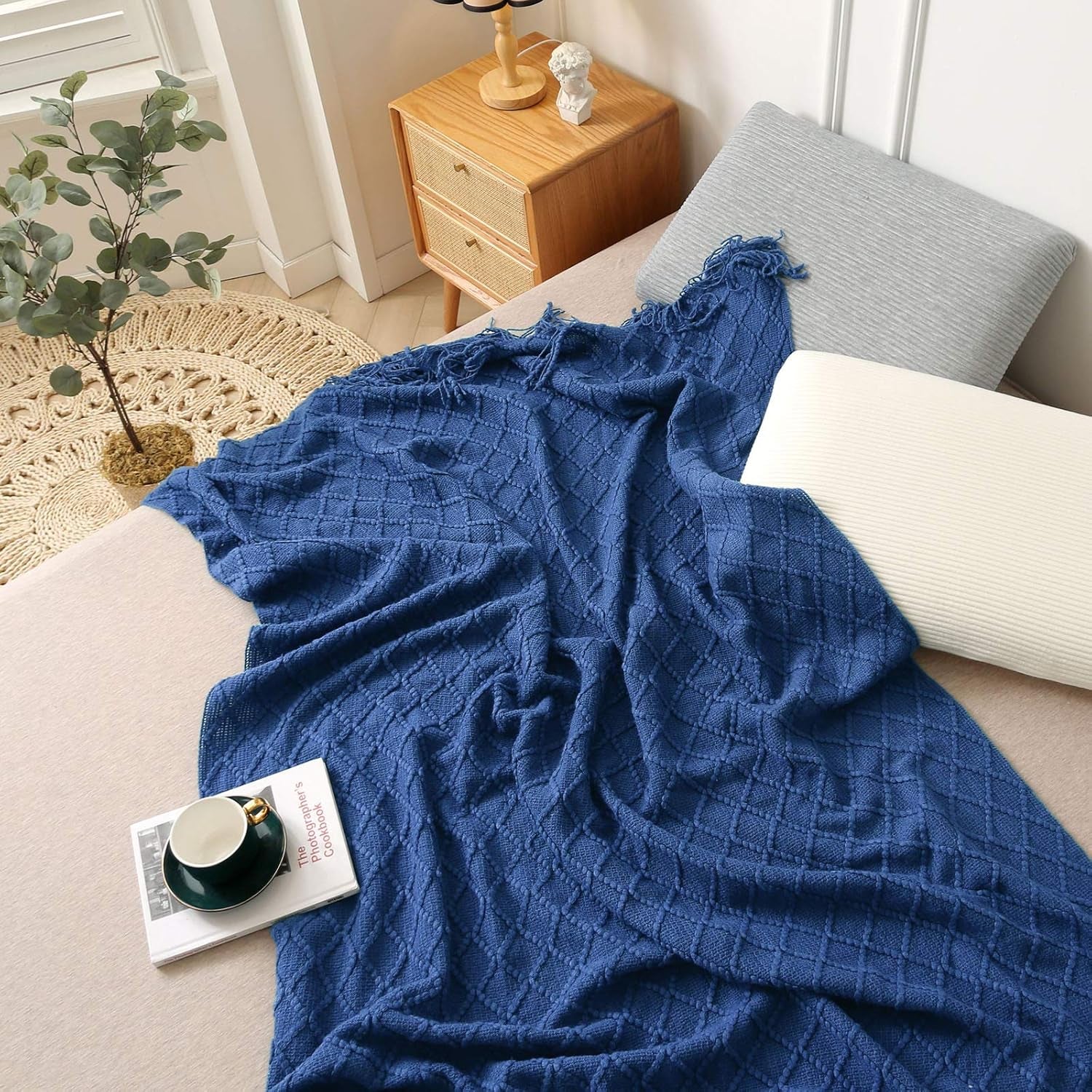 Navy Throw Blanket, Knit Throw Blanket, Boho Throw Blanket for Couch,Bed, Farmhouse Throw Blanket, Lightweight Woven Throw Blanket, Decorative Throw Blanket, Navy Blue Blanket (50"X60")