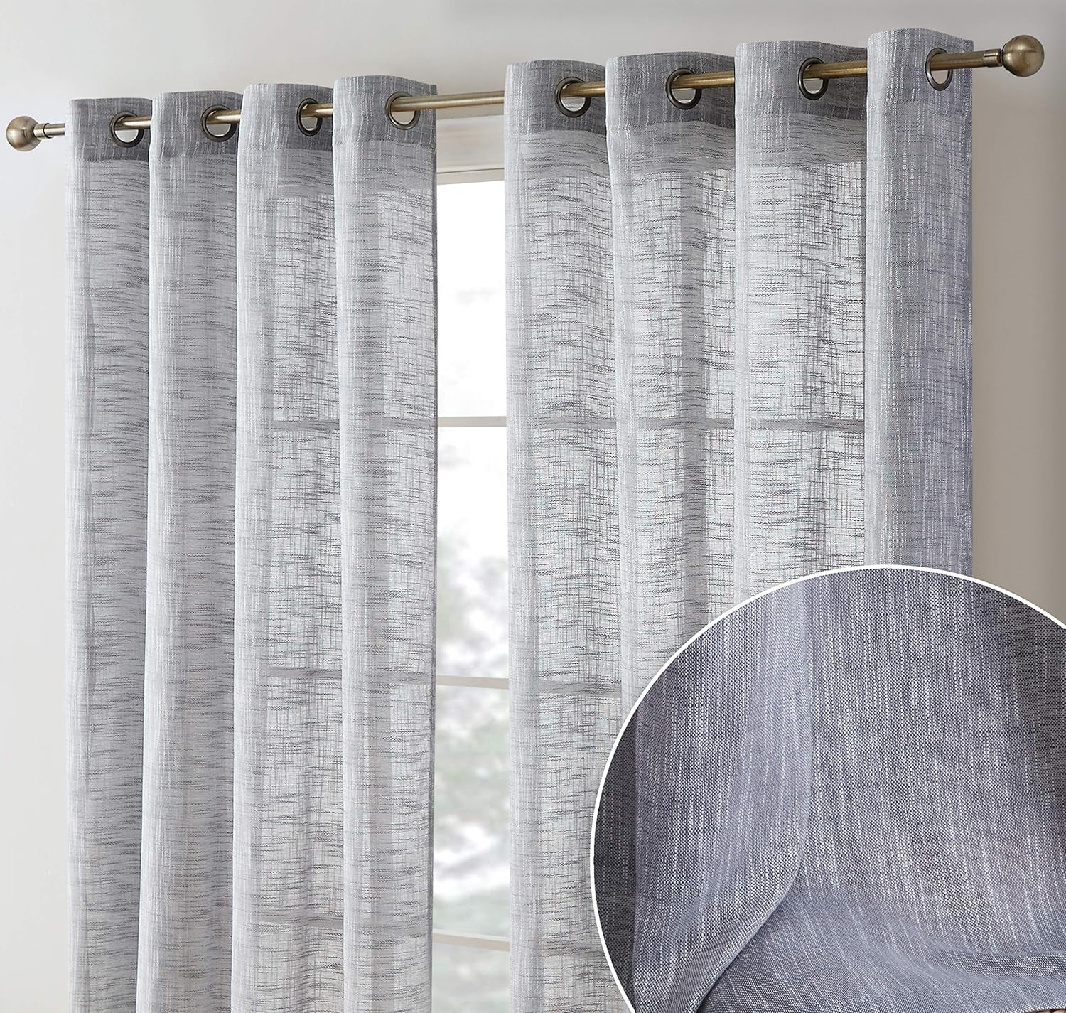 Madison Faux Linen Textured Semi Sheer Privacy Light Filtering Transparent Window Grommet Floor Length Thick Curtains Drapery Panels Office & Living Room, 2 Panels (54 W X 84 L, Charcoal Grey)