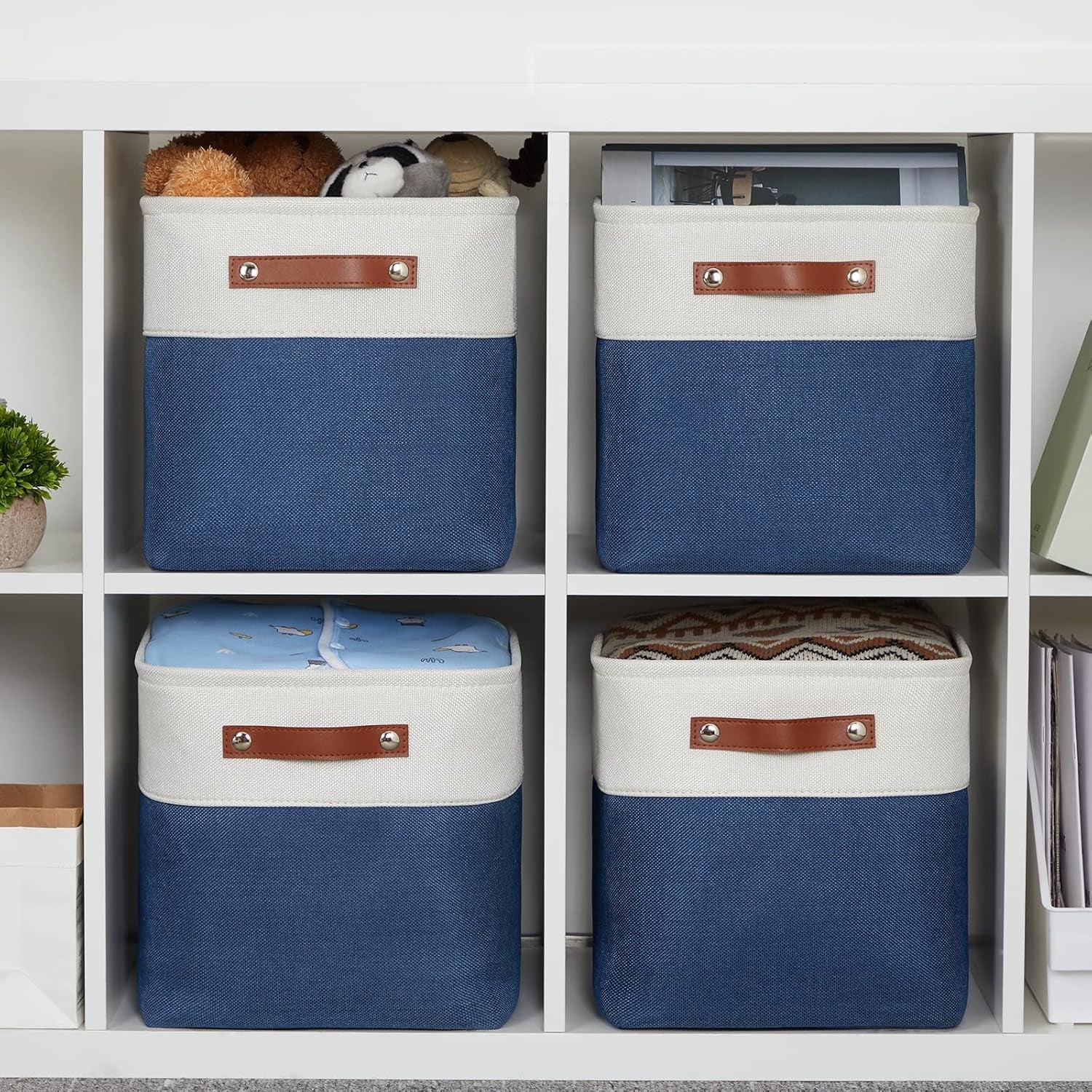 Fabric Cube Storage Bins Basket Set of 4, Closet Storage Cubes with Handles, Organizing Home Office (White Blue)