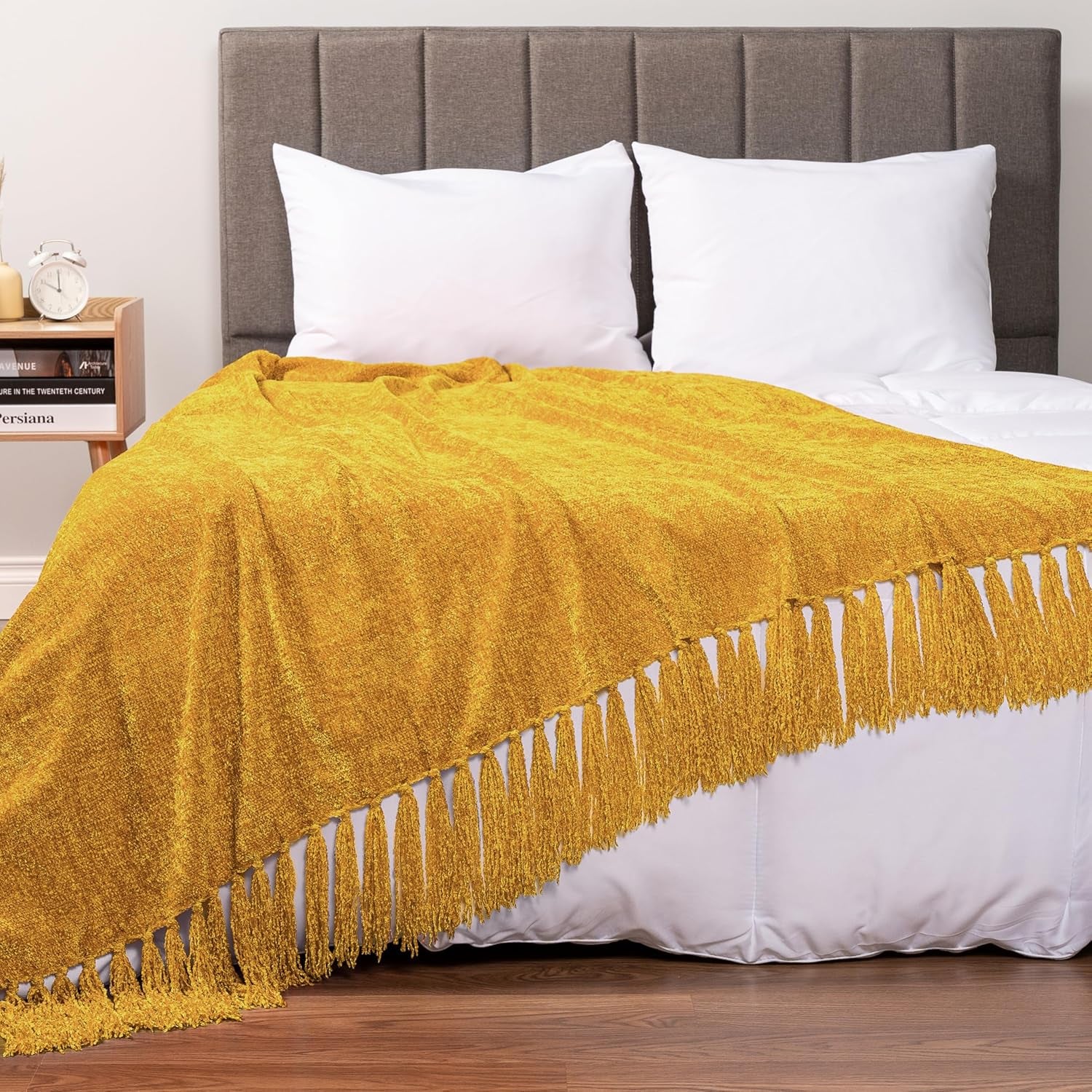 Mustard Yellow Throw Blanket for Couch & Sofa Bed, Soft Knit Woven Gold Blanket with Tassel, Decorative for Chair & Living Room, 50X60