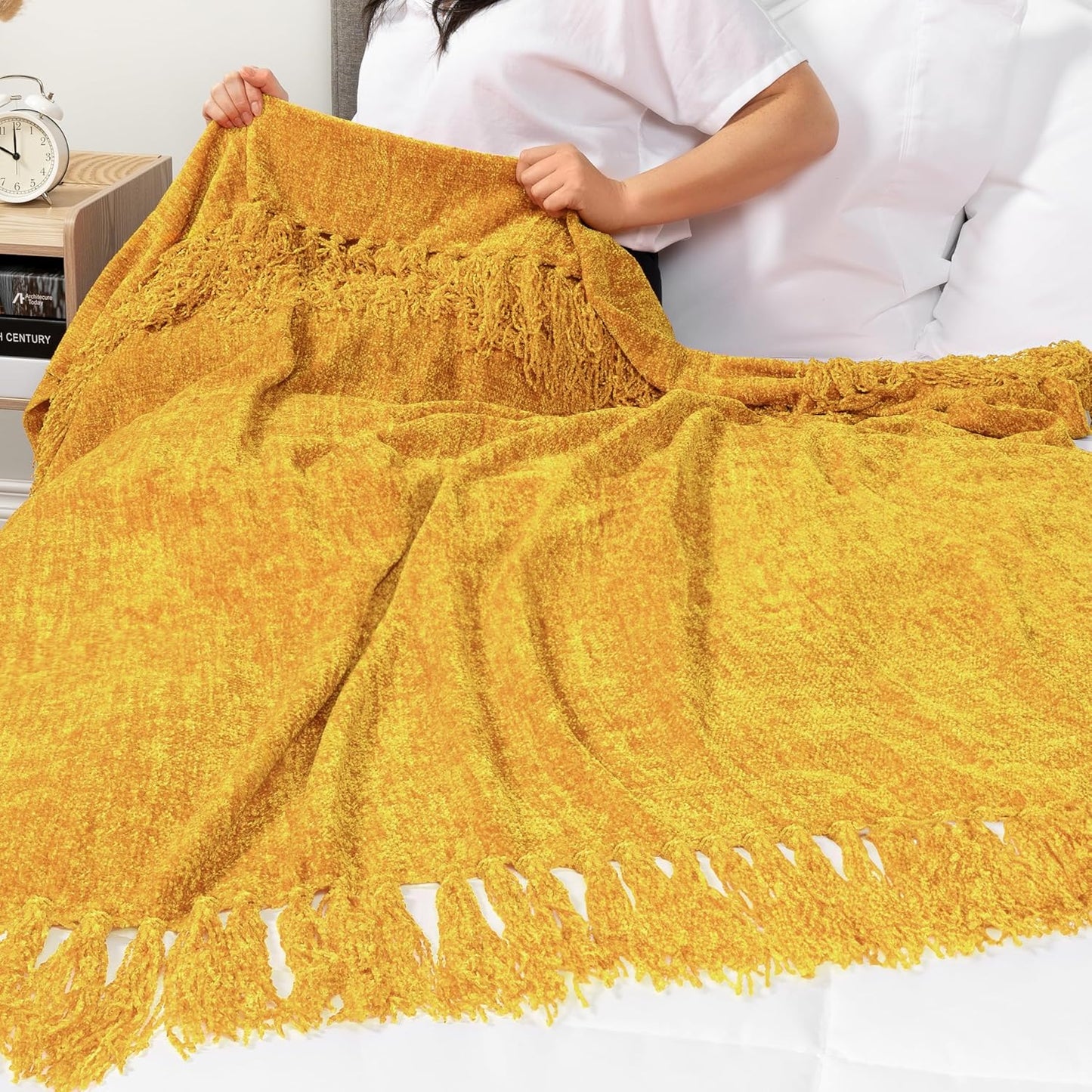 Mustard Yellow Throw Blanket for Couch & Sofa Bed, Soft Knit Woven Gold Blanket with Tassel, Decorative for Chair & Living Room, 50X60