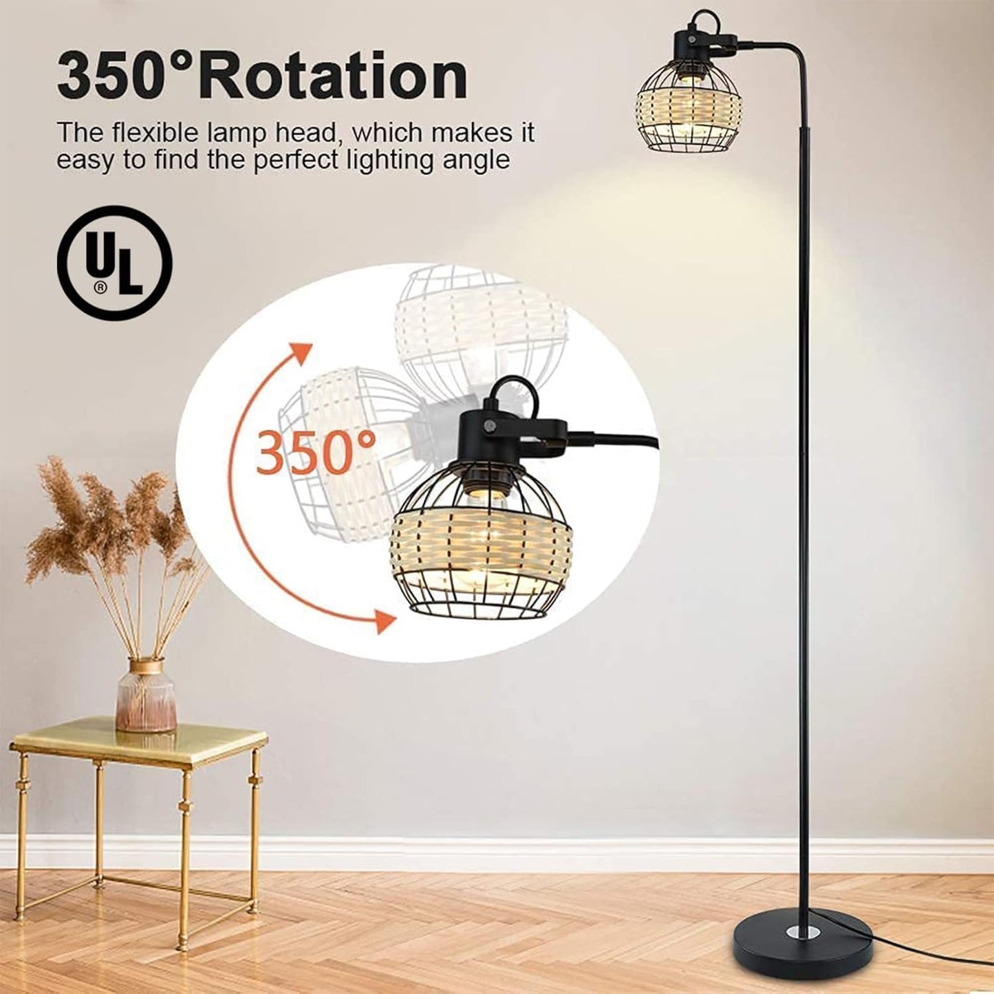 DLLT LED Floor Lamp, Adjustable Head Standing Lamp with Heavy Metal Based, Farmhouse Tall Rattan Floor Lamps Reading Lighting for Living Room, Bedroom, Study Room, Office, 8W 3000K E26 Bulb Included