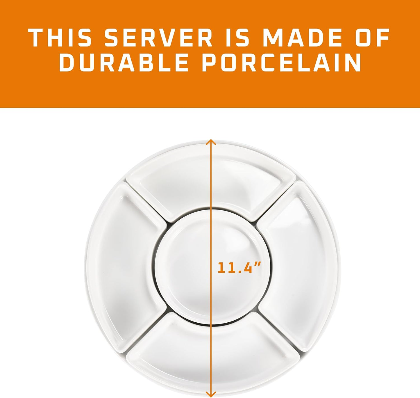 5 Sectional Porcelain Divided Serving Platter - Relish Tray for Chips and Dip, Sweets, and Appetizers - Divided Serving Dishes for Veggies, Candy and Snacks - Condiment Tray Bowls