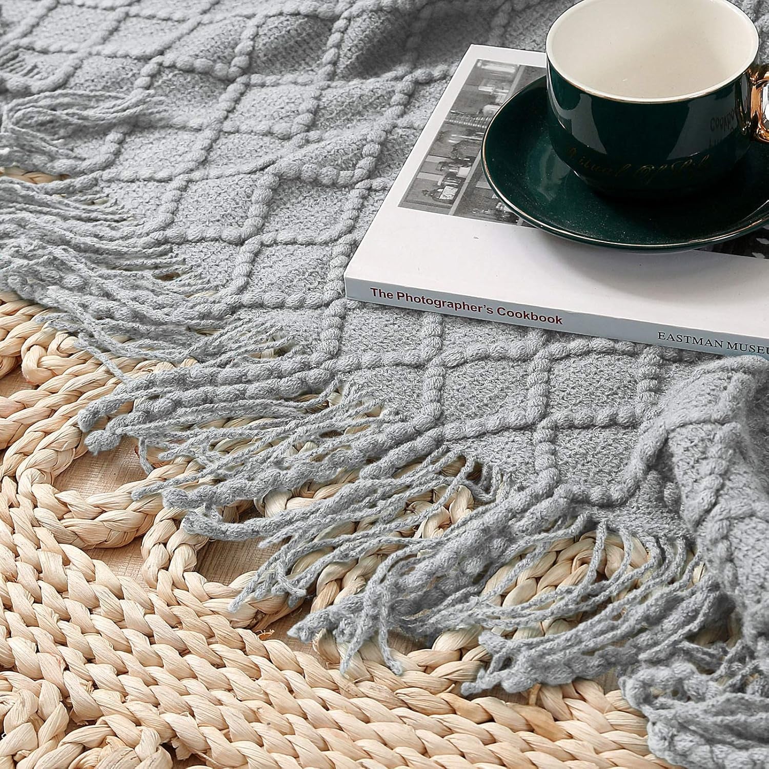 Grey Throw Blankets, Knit Throw Blanket, Boho Throw Blanket for Couch,Bed, Farmhouse Throw Blanket, Lightweight Woven Throw Blanket, Decorative Throw Blanket (50"X60")