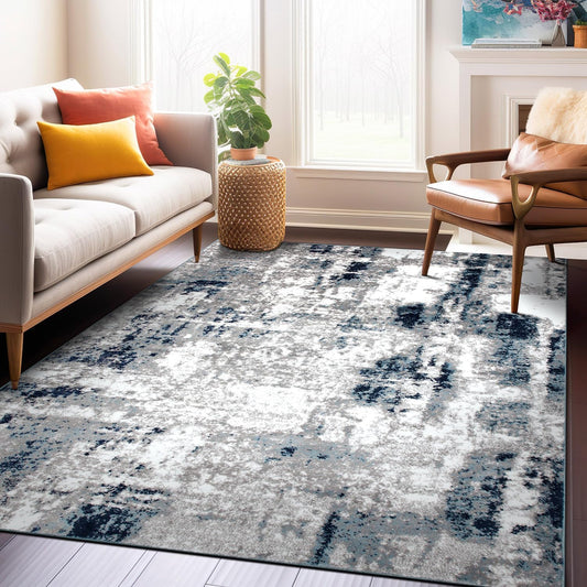 Contemporary Abstract Distressed Area Rug 5' X 7' Blue