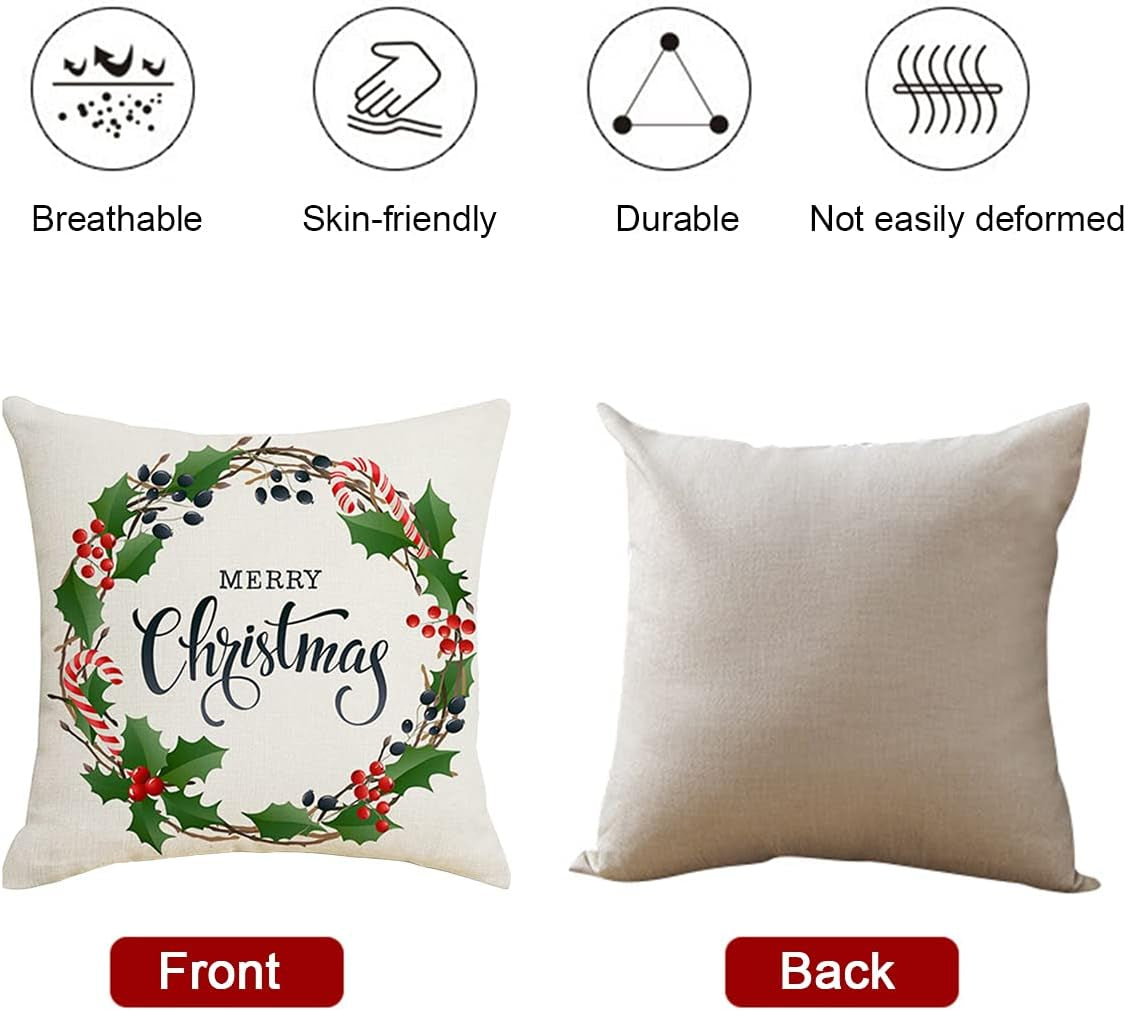 Set of 4 Christmas Pillow Covers 18X18 Throw Pillow Covers Decorative Cushion Covers Sofa Pillows Case Christmas Decorations Home Decor (Xmas-Green02, Linen)
