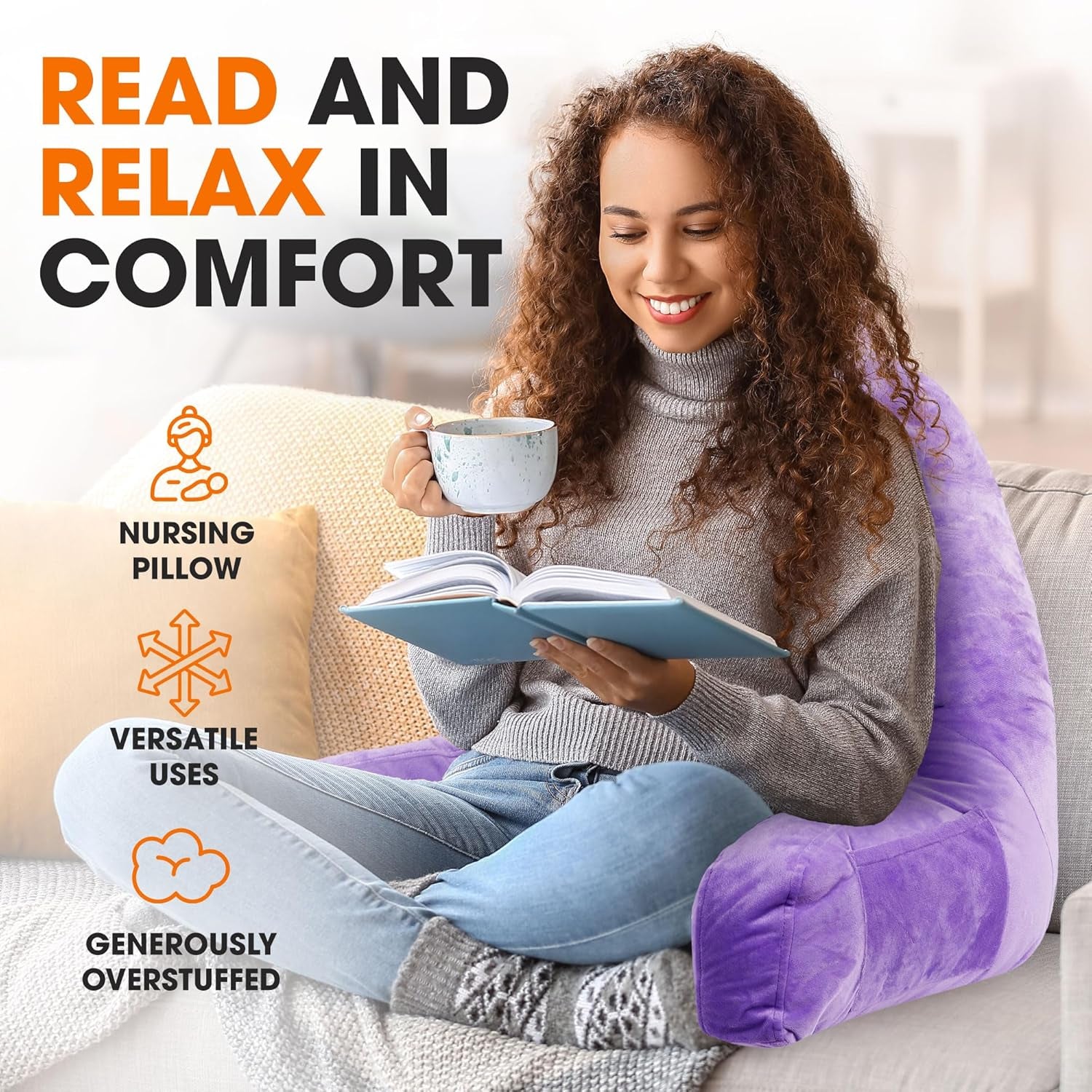 Reading Pillow with Arms – Portable Bed Pillow for Sitting up & Support, Foam-Filled Back Rest Pillow for Sitting in Bed & Couch, Machine Washable Purple (Large)