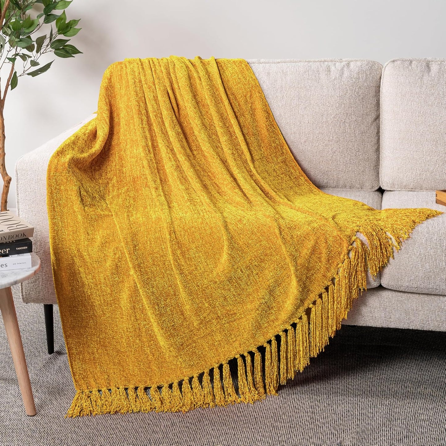 Mustard Yellow Throw Blanket for Couch & Sofa Bed, Soft Knit Woven Gold Blanket with Tassel, Decorative for Chair & Living Room, 50X60