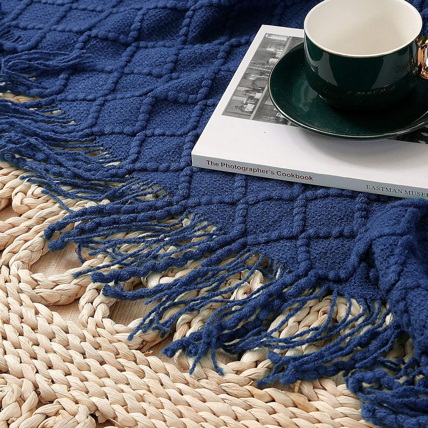 Navy Throw Blanket, Knit Throw Blanket, Boho Throw Blanket for Couch,Bed, Farmhouse Throw Blanket, Lightweight Woven Throw Blanket, Decorative Throw Blanket, Navy Blue Blanket (50"X60")