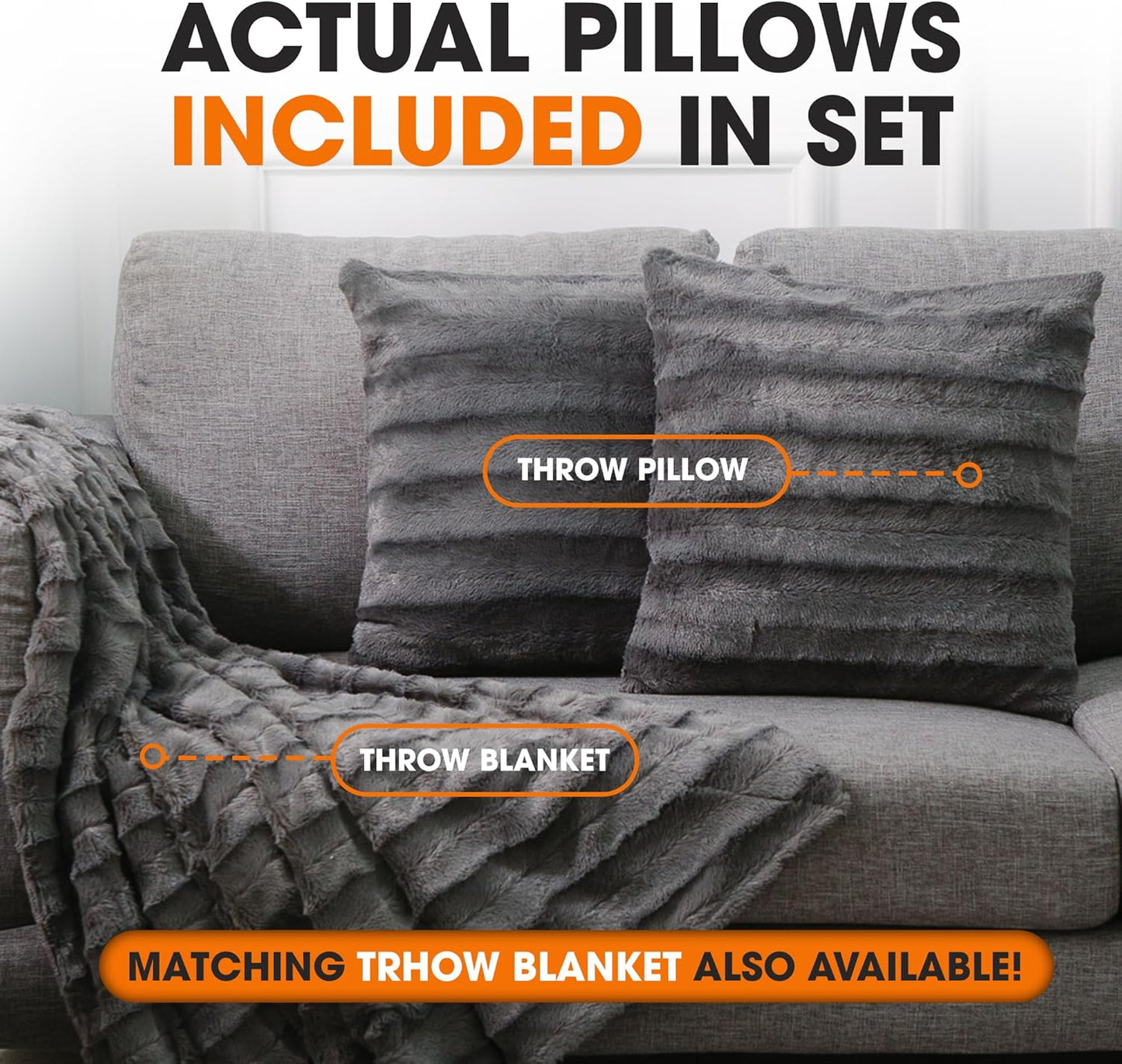 Faux Fur Throw Pillows - Decorative Pillows for Couch, Bed Throw Pillows, Grey Accent Pillows for Bedroom or Living Room Aesthetic, Set of 2 Furry Throw Pillows, 18”X18”