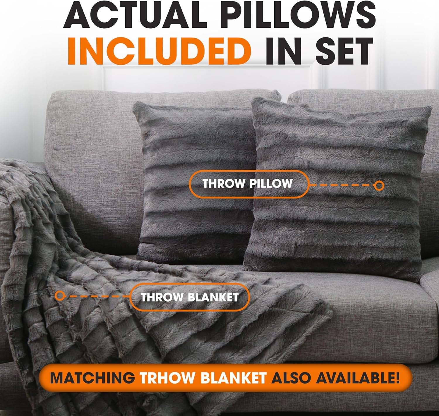 Faux Fur Throw Pillows - Decorative Pillows for Couch, Bed Throw Pillows, Grey Accent Pillows for Bedroom or Living Room Aesthetic, Set of 2 Furry Throw Pillows, 18”X18”