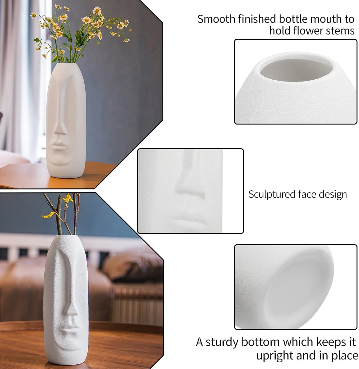 Samawi White Ceramic Vase for Flowers & Decor|8" Geometric/Modern Vase|Decorative Vase|Flower Vase for Living Room/Bedroom/Dining Table